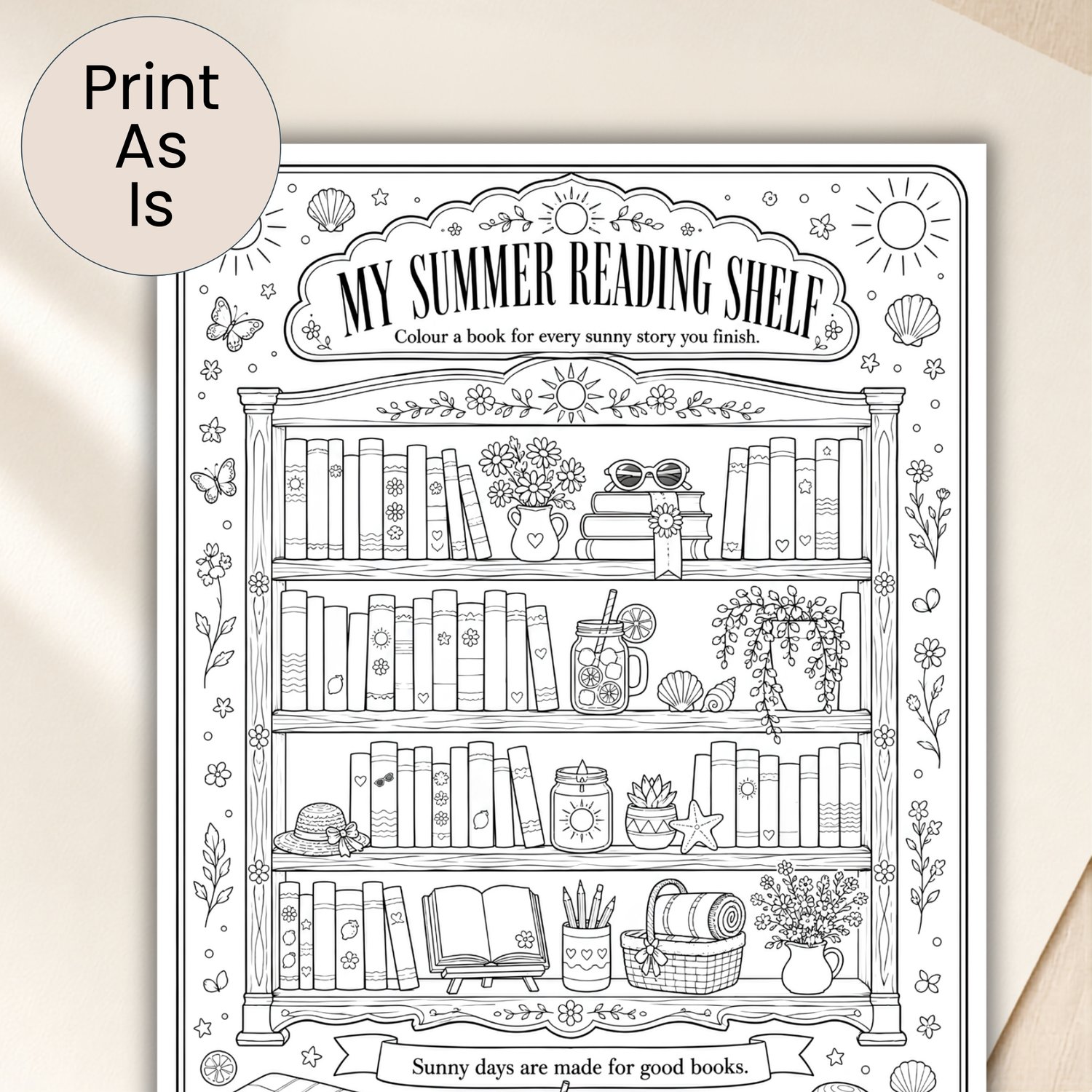 Set of four printable seasonal reading bookshelf coloring pages featuring detail