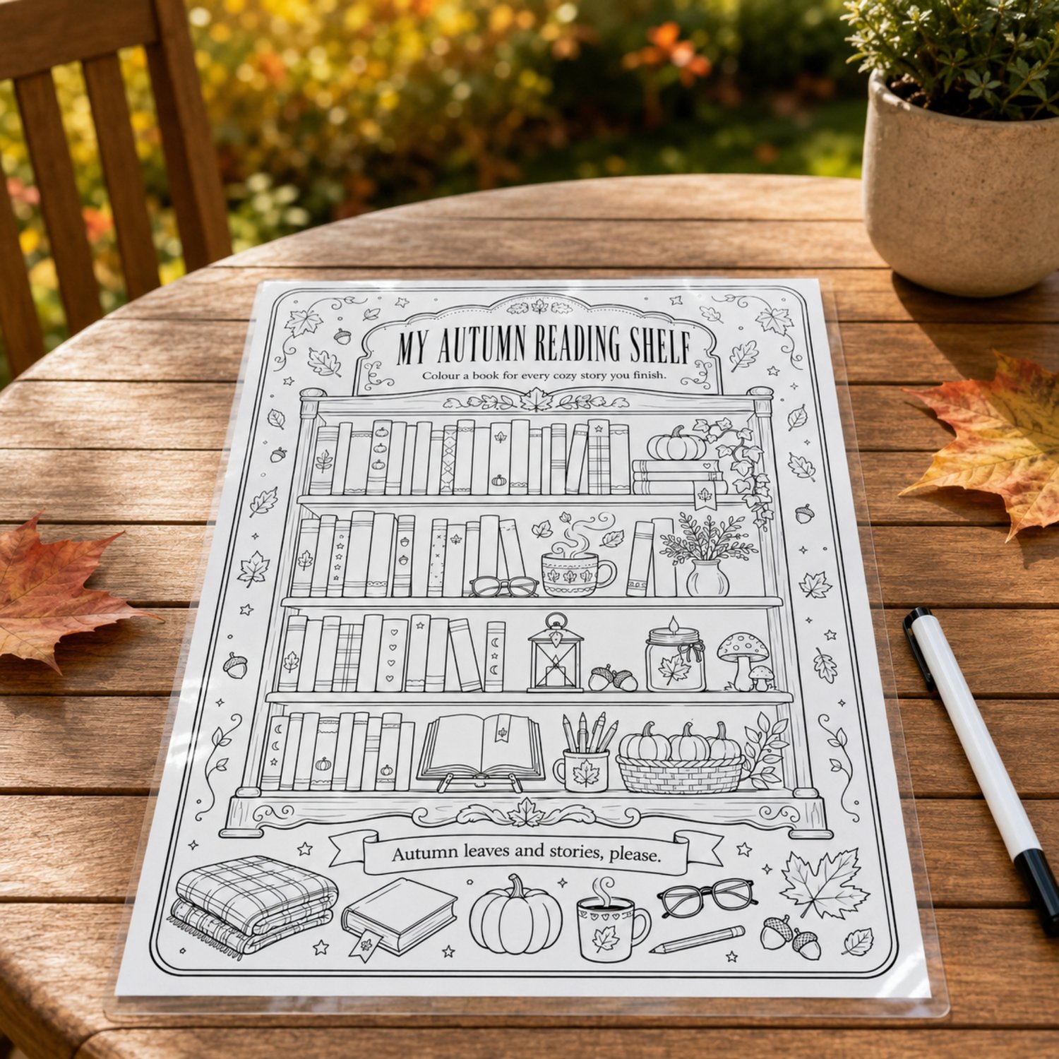 Set of four printable seasonal reading bookshelf coloring pages featuring detail