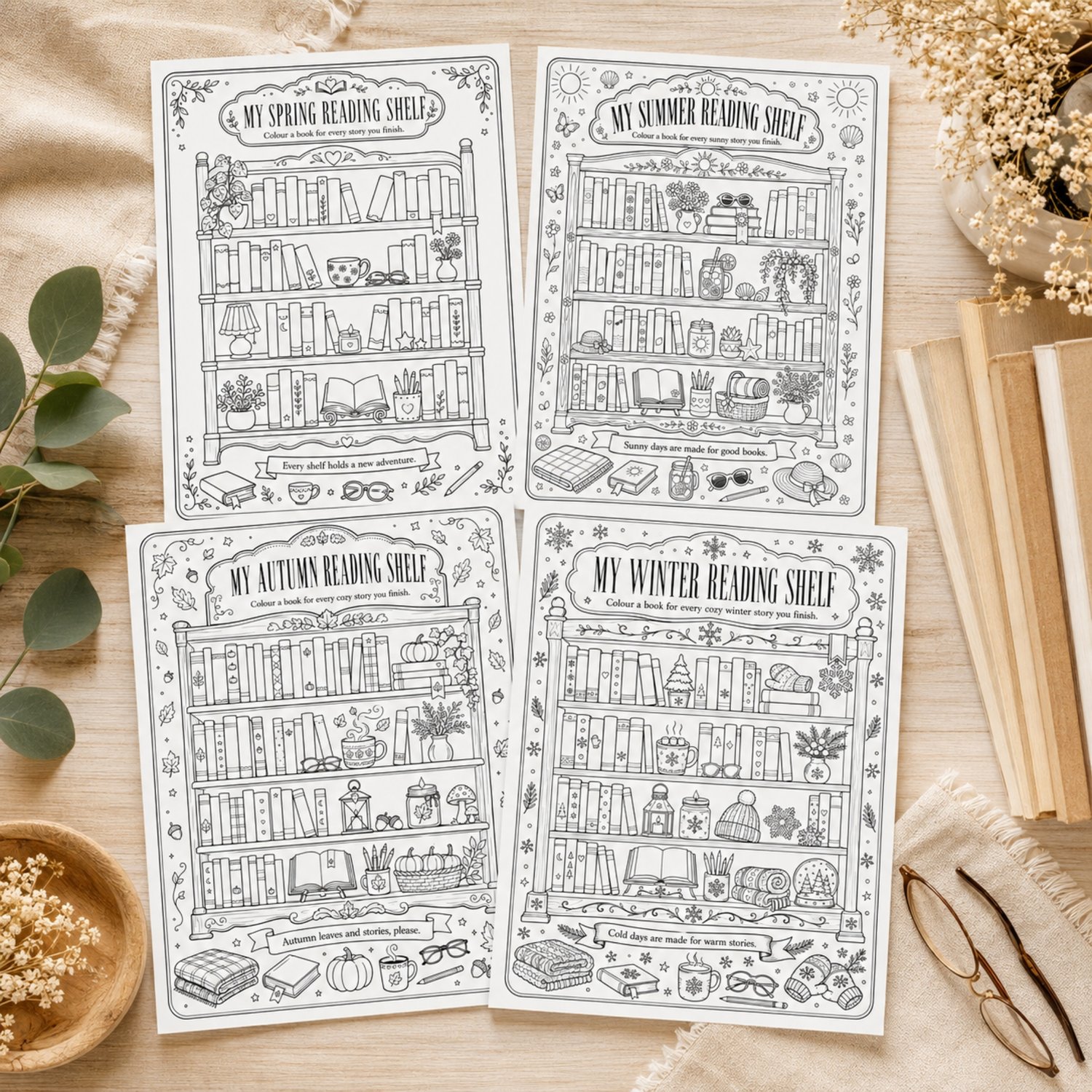 Set of four printable seasonal reading bookshelf coloring pages featuring detail