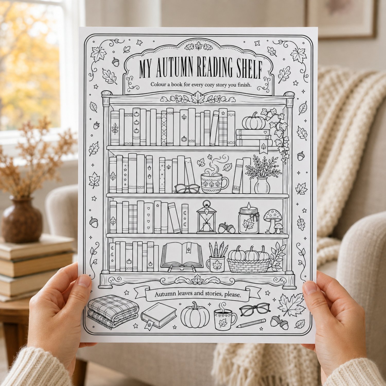 Set of four printable seasonal reading bookshelf coloring pages featuring detail