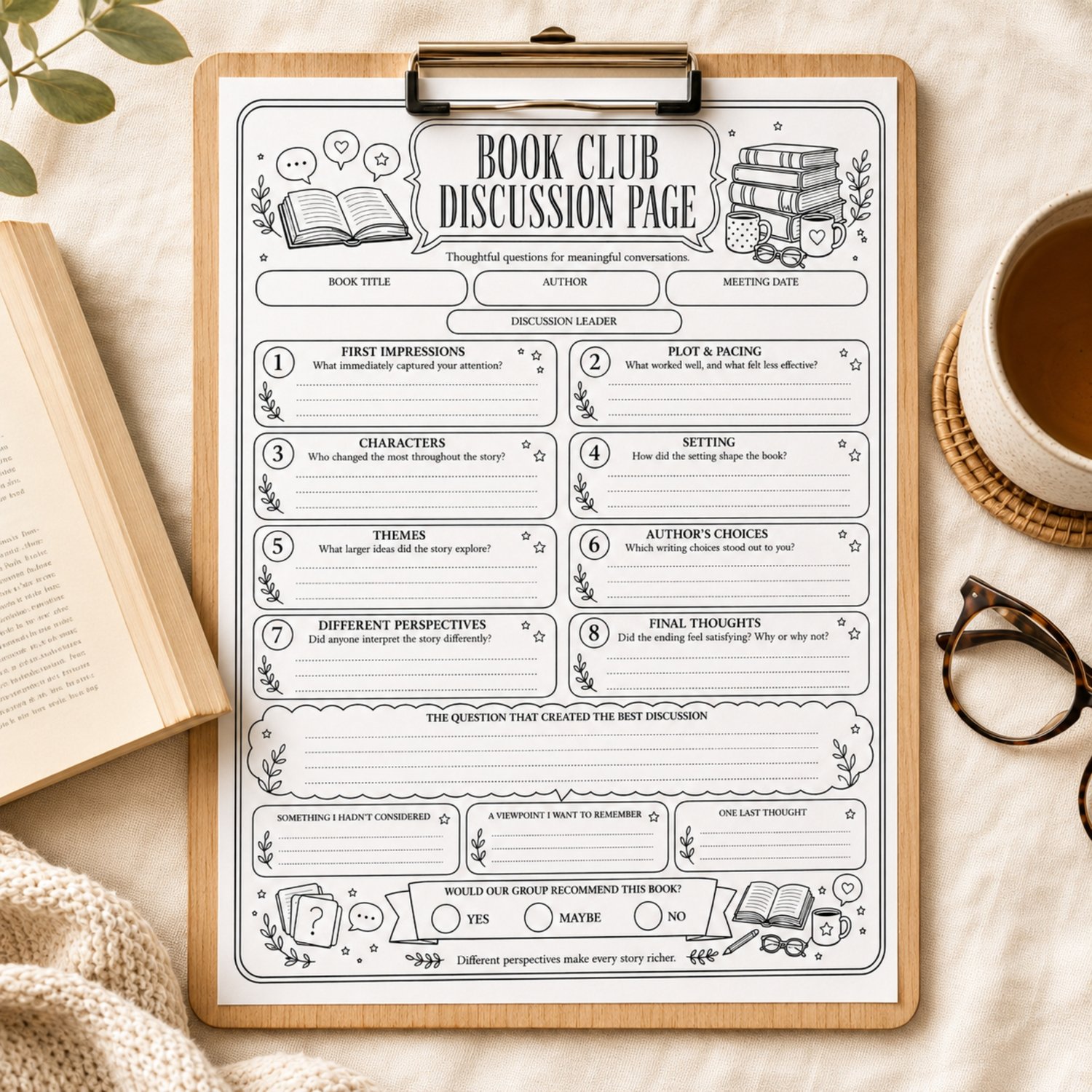Black-and-white US Letter printable Book Club Discussion Page with eight thoughtful reading prompts, meeting details, note sections and a book recommendation area.