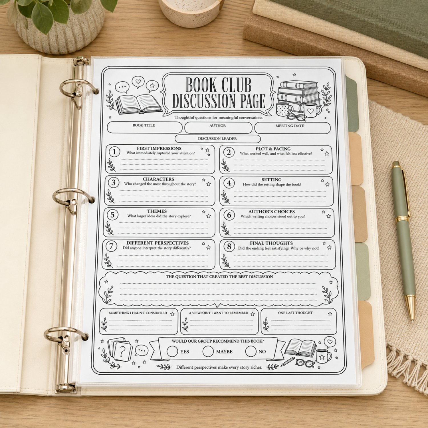 Black-and-white US Letter printable Book Club Discussion Page with eight thoughtful reading prompts, meeting details, note sections and a book recommendation area.