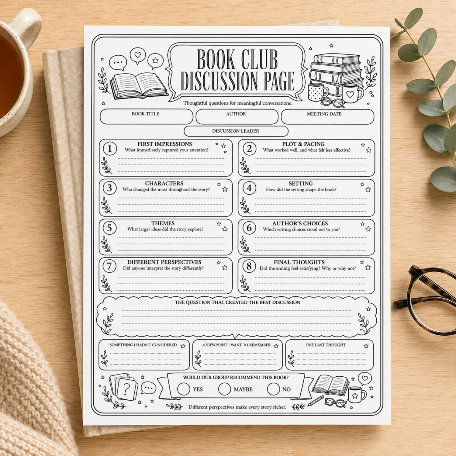 Black-and-white US Letter printable Book Club Discussion Page with eight thoughtful reading prompts, meeting details, note sections and a book recommendation area.