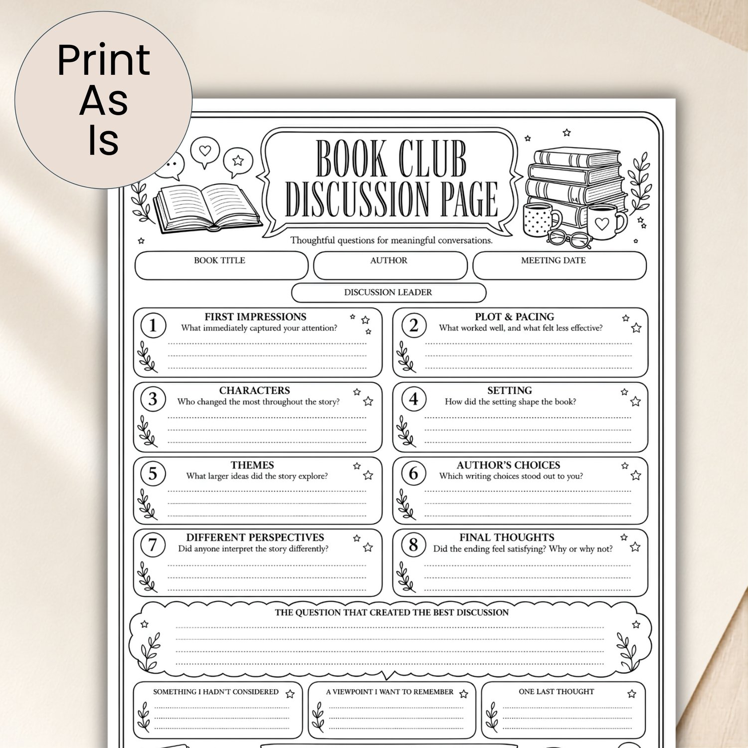 Black-and-white US Letter printable Book Club Discussion Page with eight thoughtful reading prompts, meeting details, note sections and a book recommendation area.