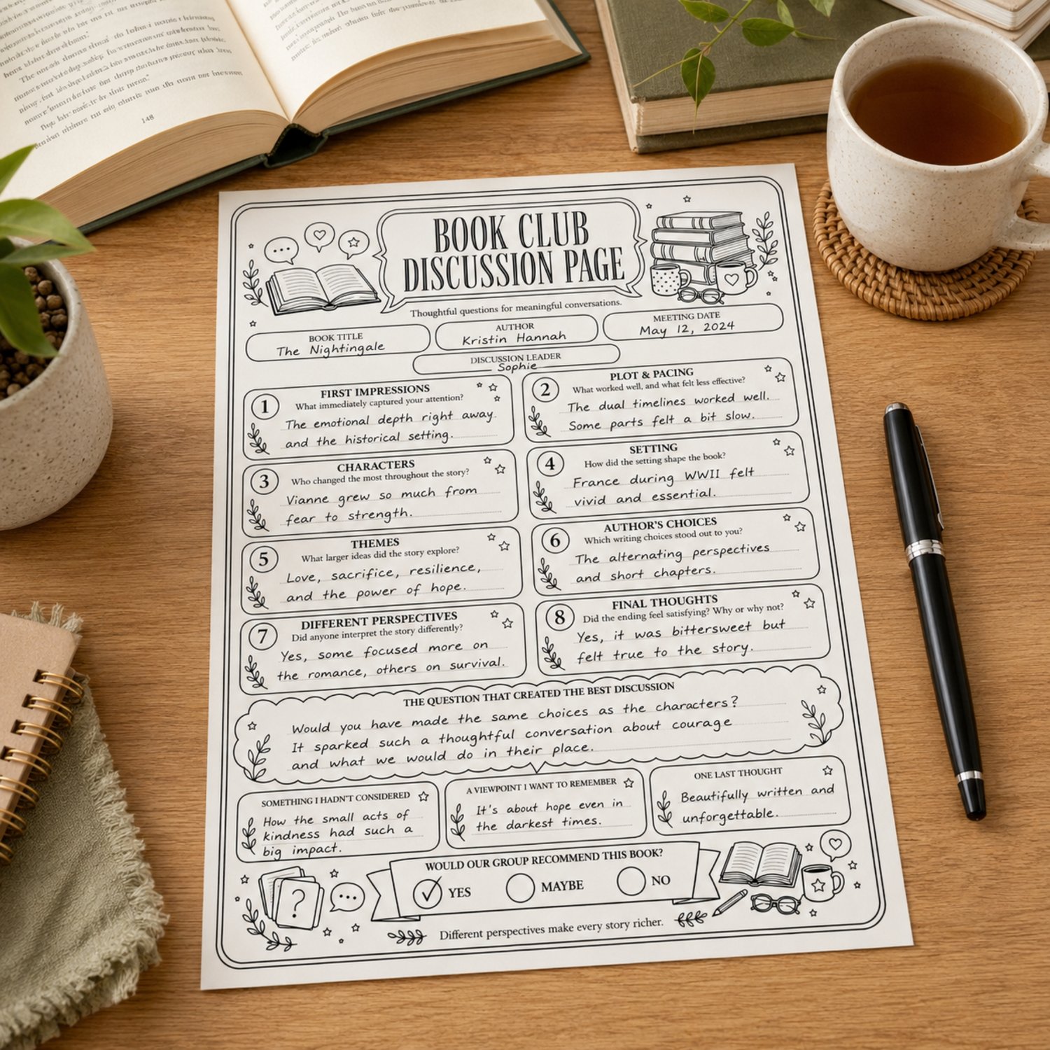 Black-and-white US Letter printable Book Club Discussion Page with eight thoughtful reading prompts, meeting details, note sections and a book recommendation area.
