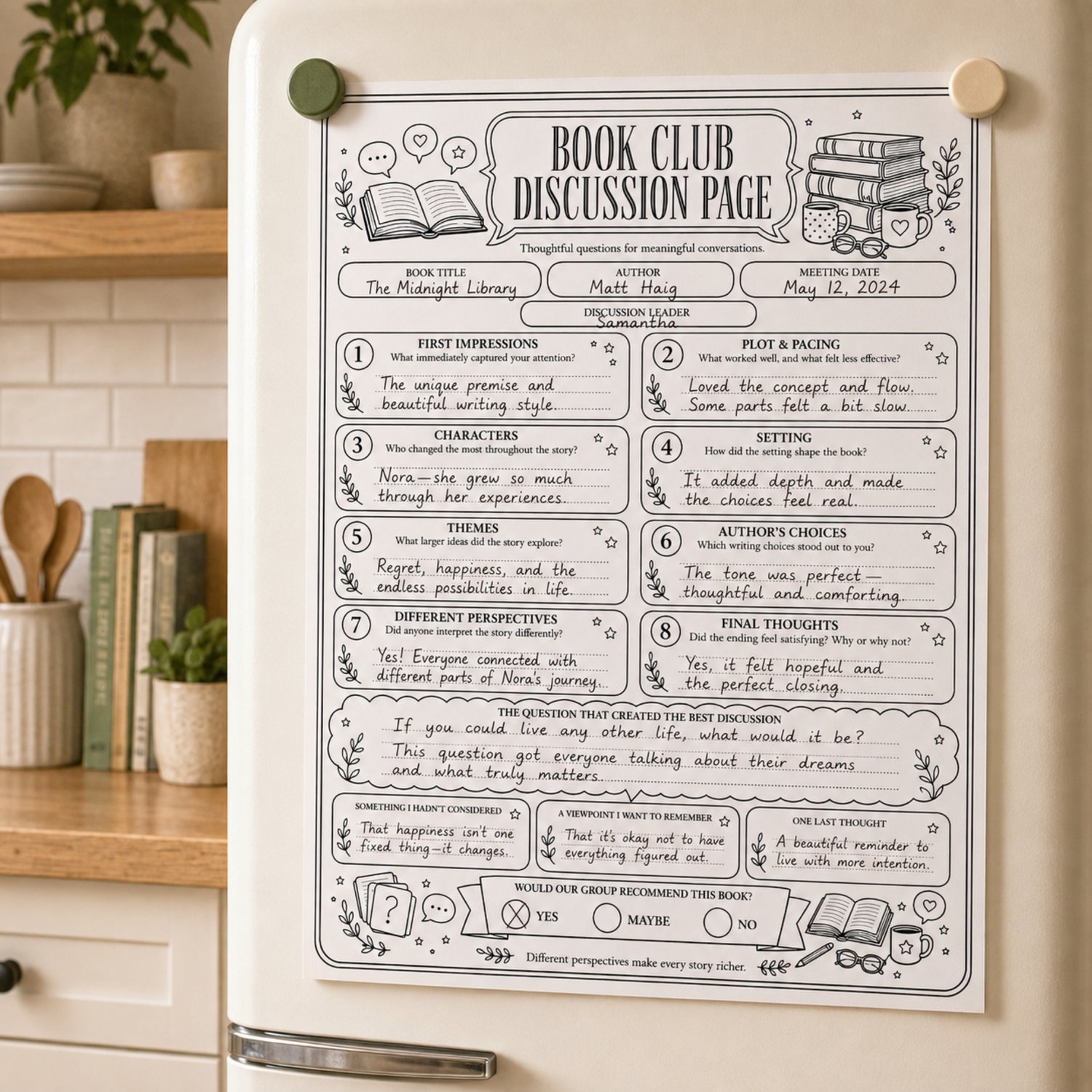 Black-and-white US Letter printable Book Club Discussion Page with eight thoughtful reading prompts, meeting details, note sections and a book recommendation area.