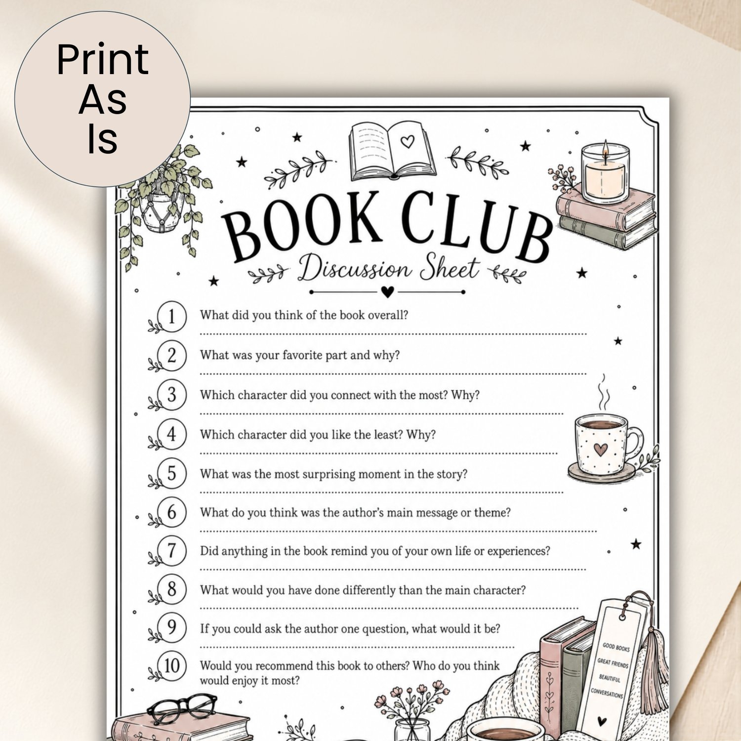 Printable US Letter book club discussion sheet featuring 10 general book questions with cozy illustrations of books, coffee mugs, plants and candles.