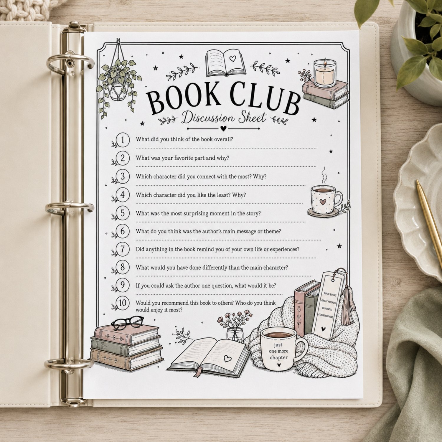 Printable US Letter book club discussion sheet featuring 10 general book questions with cozy illustrations of books, coffee mugs, plants and candles.