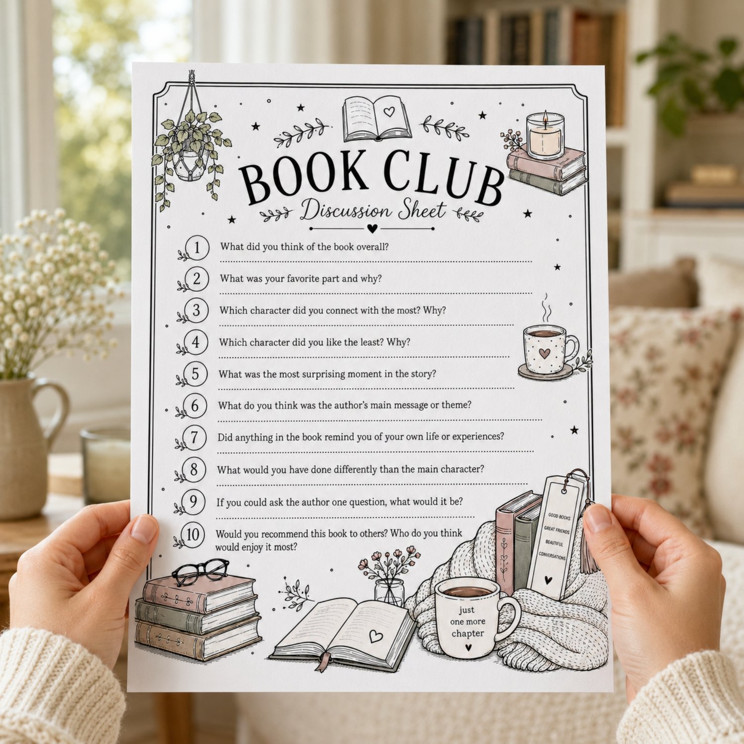Printable US Letter book club discussion sheet featuring 10 general book questions with cozy illustrations of books, coffee mugs, plants and candles.