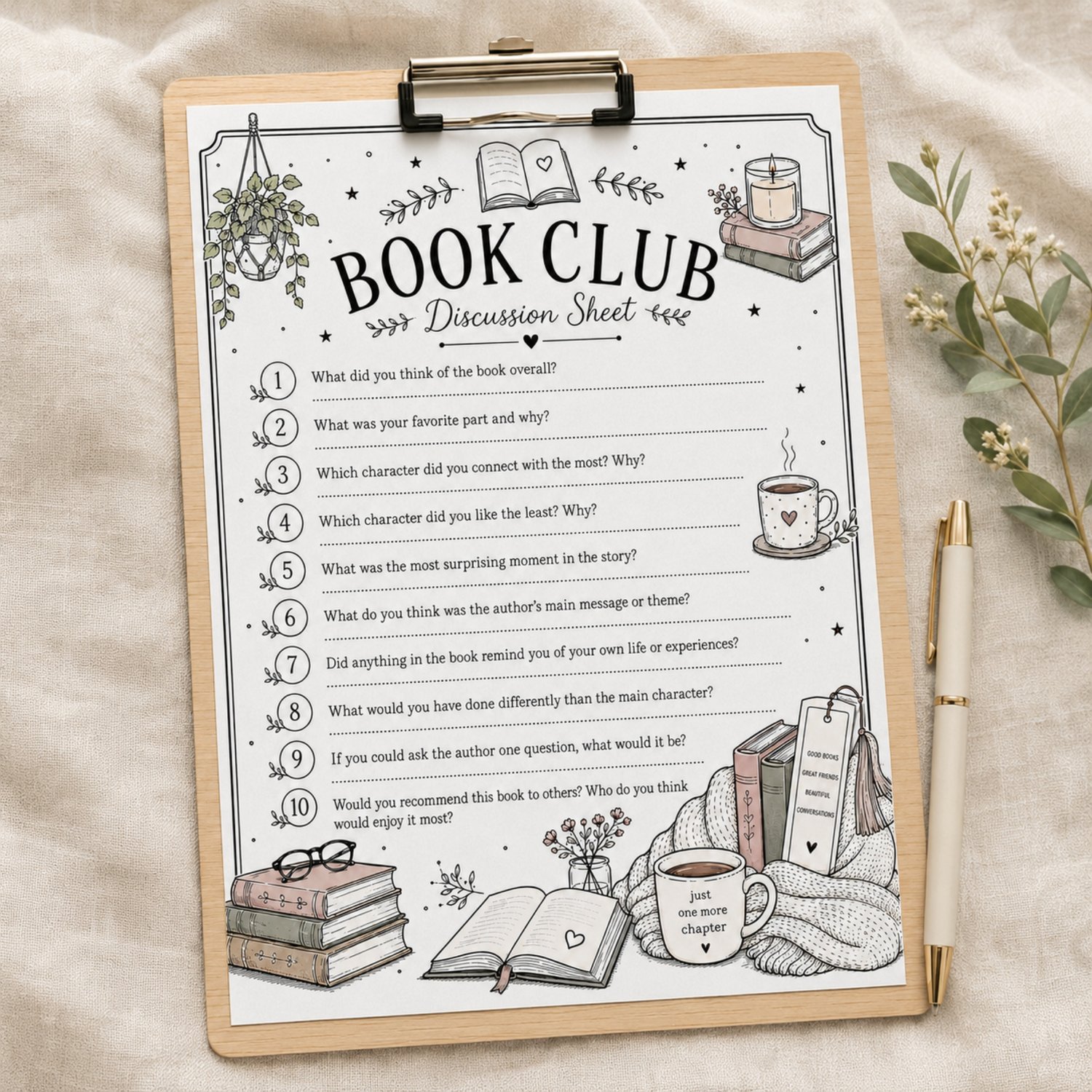 Printable US Letter book club discussion sheet featuring 10 general book questions with cozy illustrations of books, coffee mugs, plants and candles.