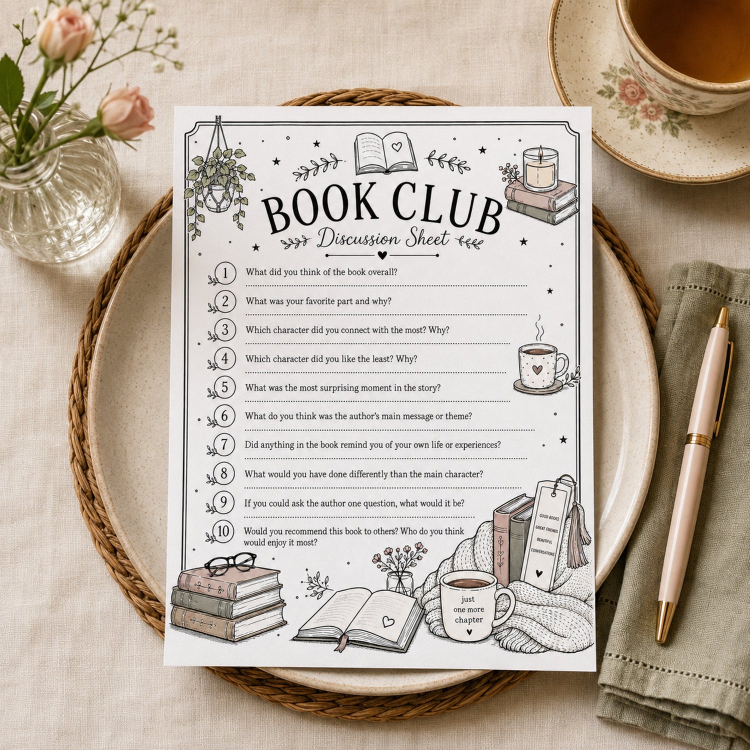 Printable US Letter book club discussion sheet featuring 10 general book questions with cozy illustrations of books, coffee mugs, plants and candles.