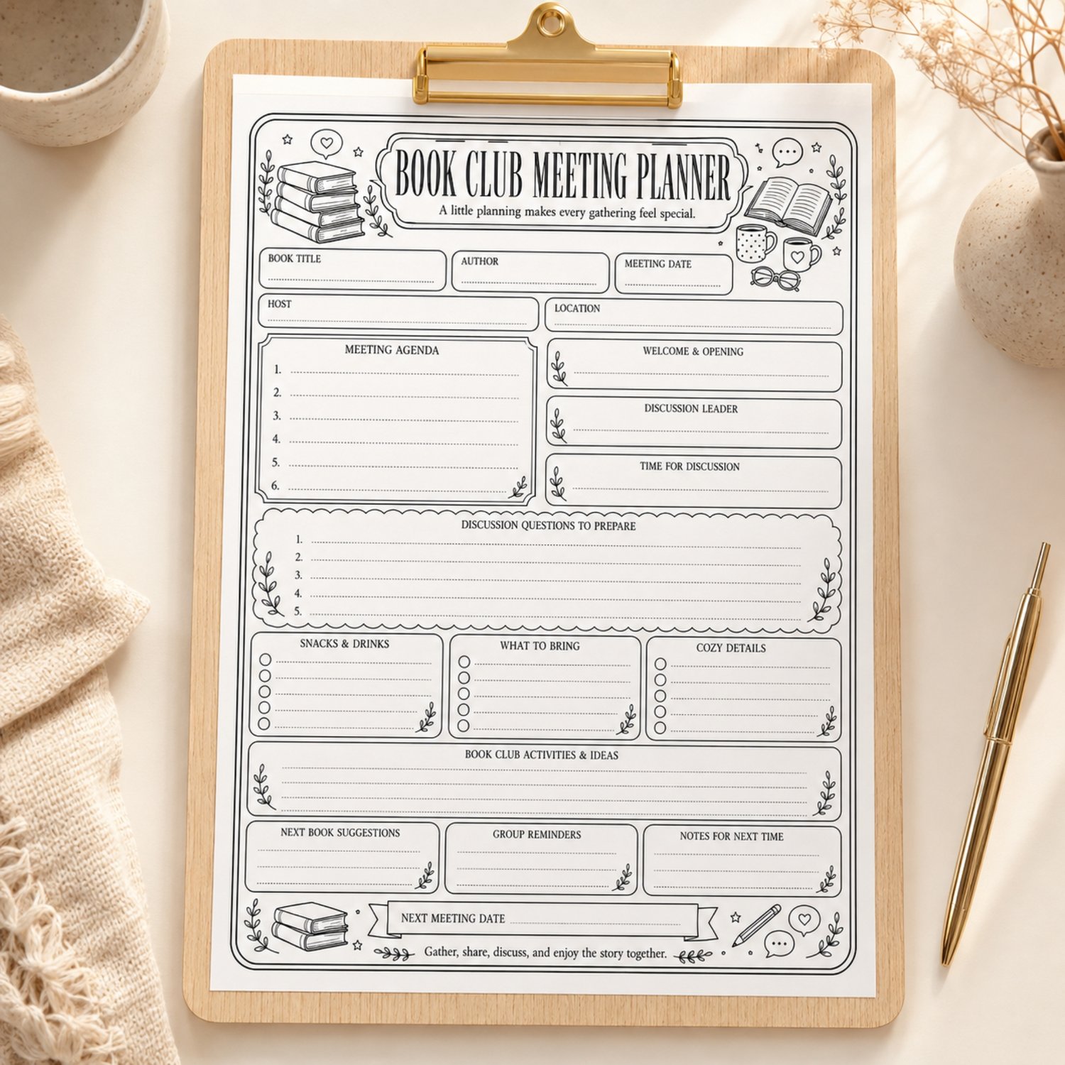 Black-and-white US Letter Book Club Meeting Planner printable with sections for book details, meeting agenda, discussion questions, snacks, activities, reminders and the next meeting date.
