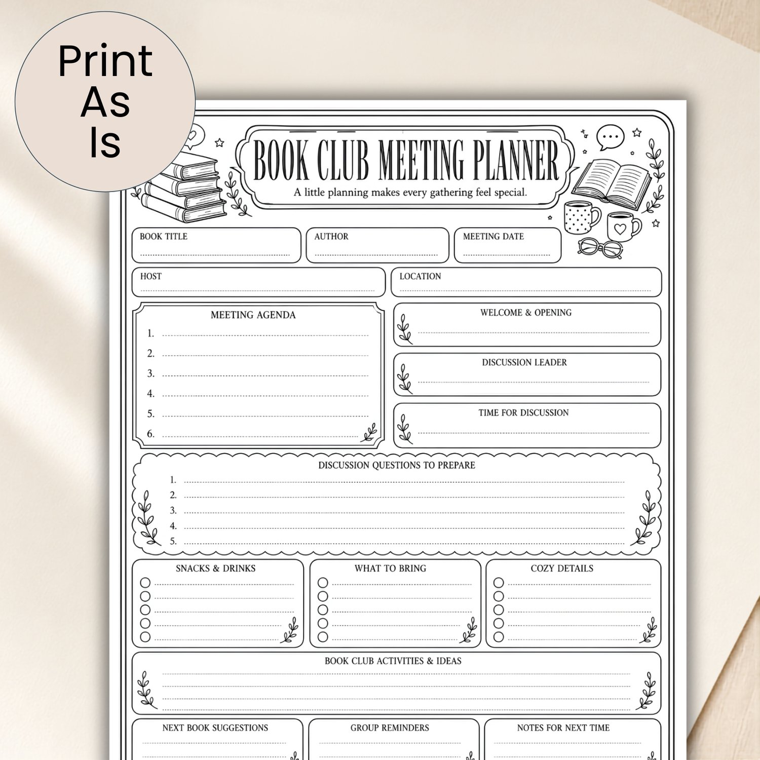 Black-and-white US Letter Book Club Meeting Planner printable with sections for book details, meeting agenda, discussion questions, snacks, activities, reminders and the next meeting date.