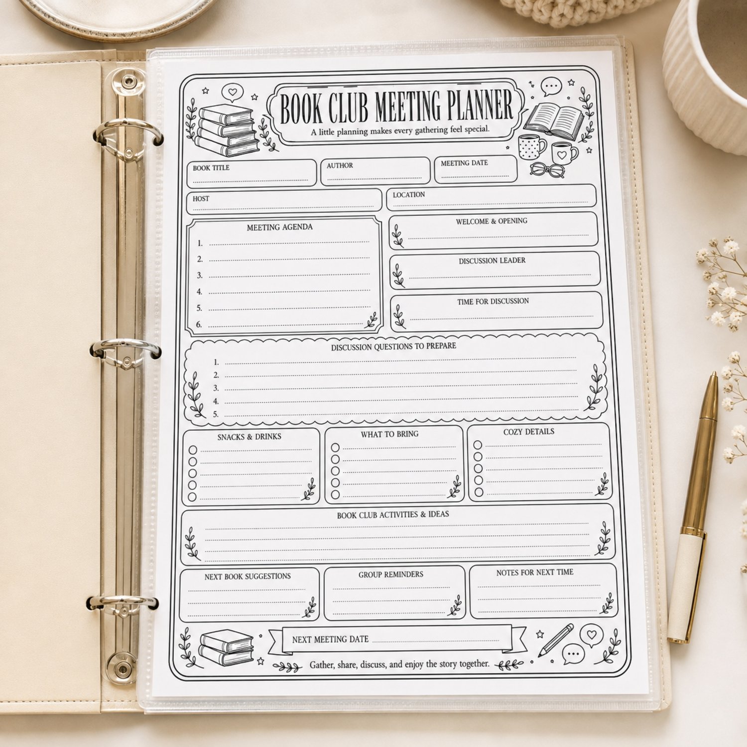 Black-and-white US Letter Book Club Meeting Planner printable with sections for book details, meeting agenda, discussion questions, snacks, activities, reminders and the next meeting date.
