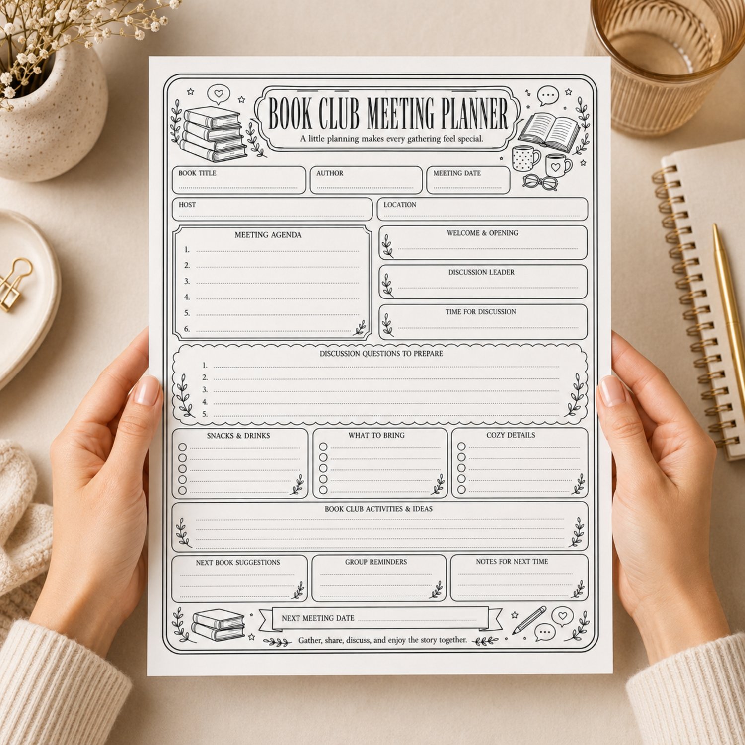 Black-and-white US Letter Book Club Meeting Planner printable with sections for book details, meeting agenda, discussion questions, snacks, activities, reminders and the next meeting date.