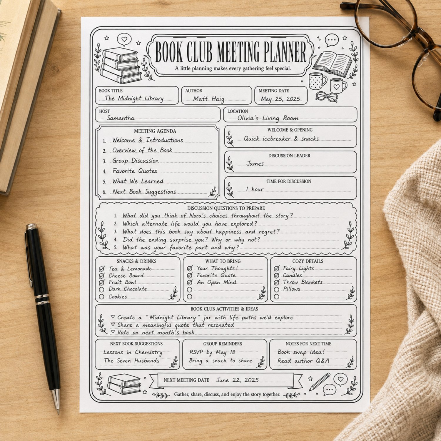 Black-and-white US Letter Book Club Meeting Planner printable with sections for book details, meeting agenda, discussion questions, snacks, activities, reminders and the next meeting date.