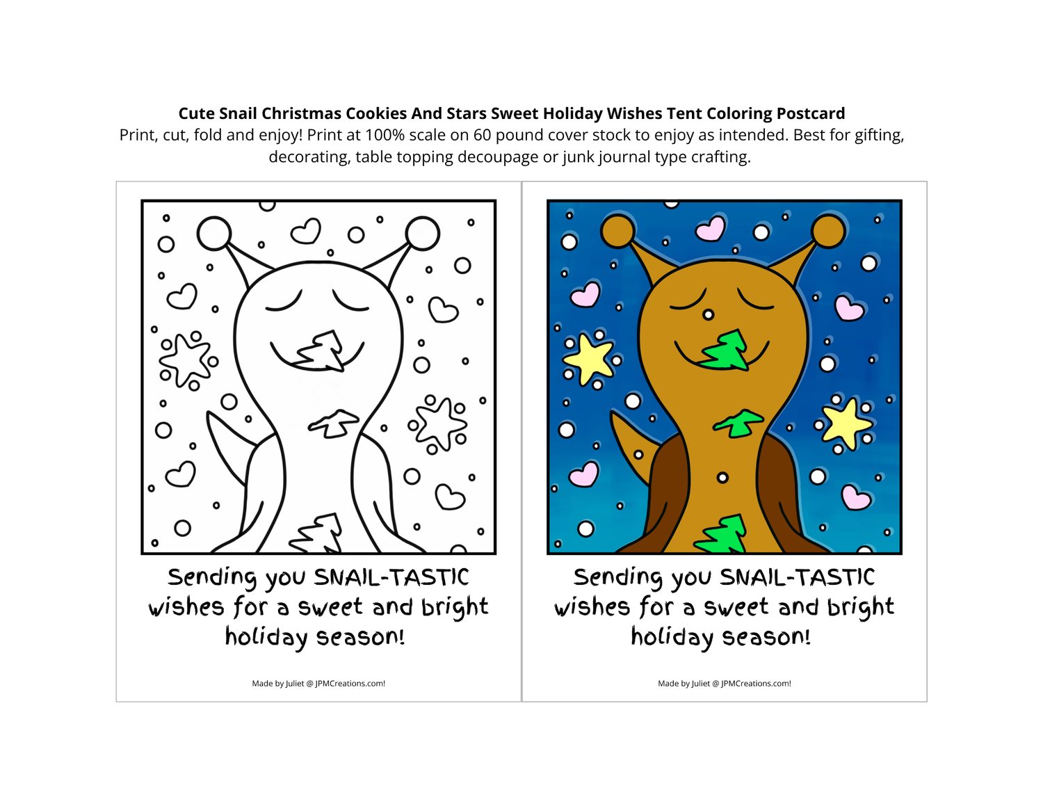 Cute Snail Christmas Cookies & Stars Sweet Holiday Wishes Printable Coloring Postcard