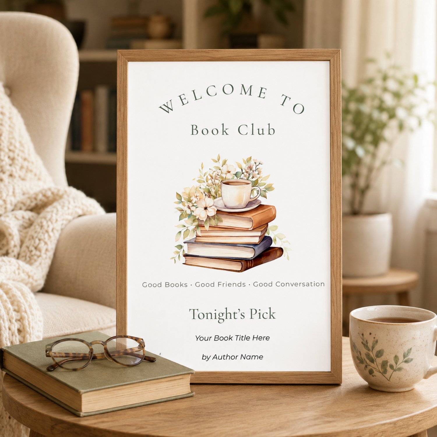 Editable 8 x 10-inch Book Club Welcome Sign featuring watercolor books, cream flowers, green leaves and a tea cup, with customizable spaces for the featured book title and author.