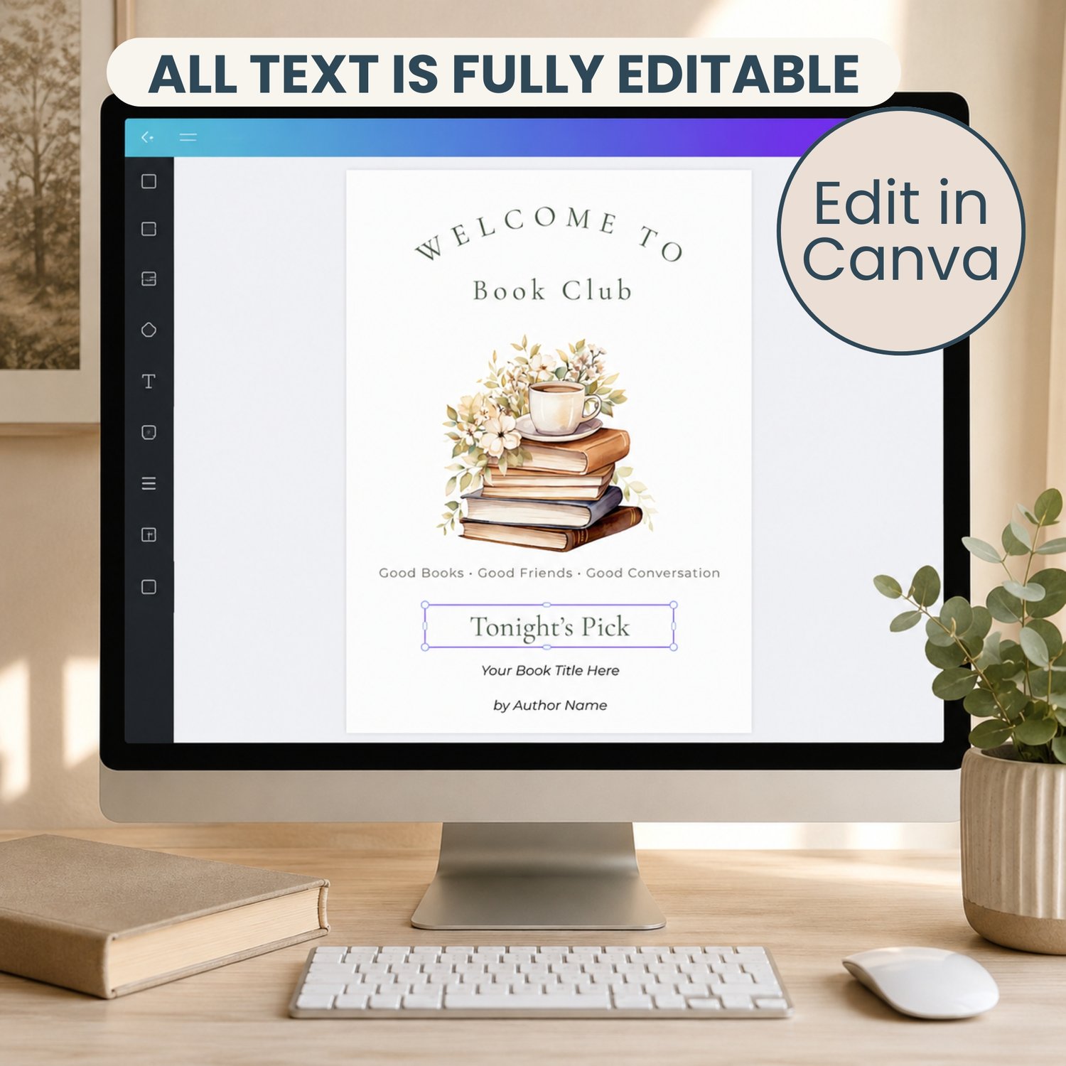 Editable 8 x 10-inch Book Club Welcome Sign featuring watercolor books, cream flowers, green leaves and a tea cup, with customizable spaces for the featured book title and author.