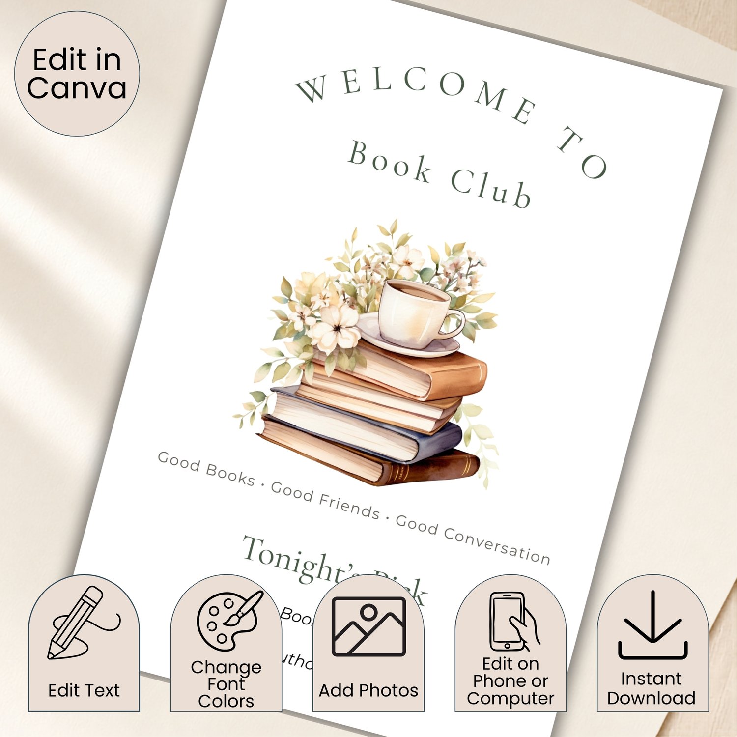Editable 8 x 10-inch Book Club Welcome Sign featuring watercolor books, cream flowers, green leaves and a tea cup, with customizable spaces for the featured book title and author.