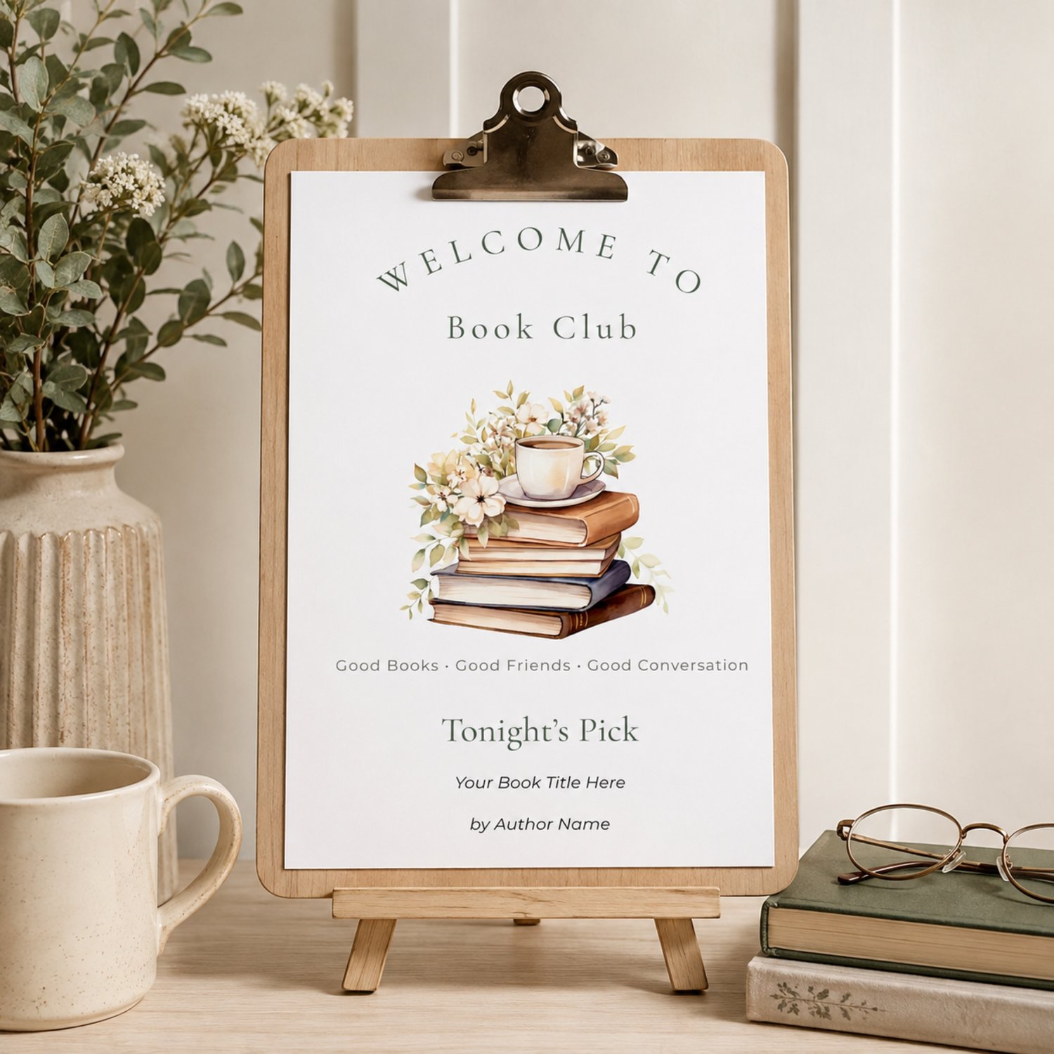 Editable 8 x 10-inch Book Club Welcome Sign featuring watercolor books, cream flowers, green leaves and a tea cup, with customizable spaces for the featured book title and author.
