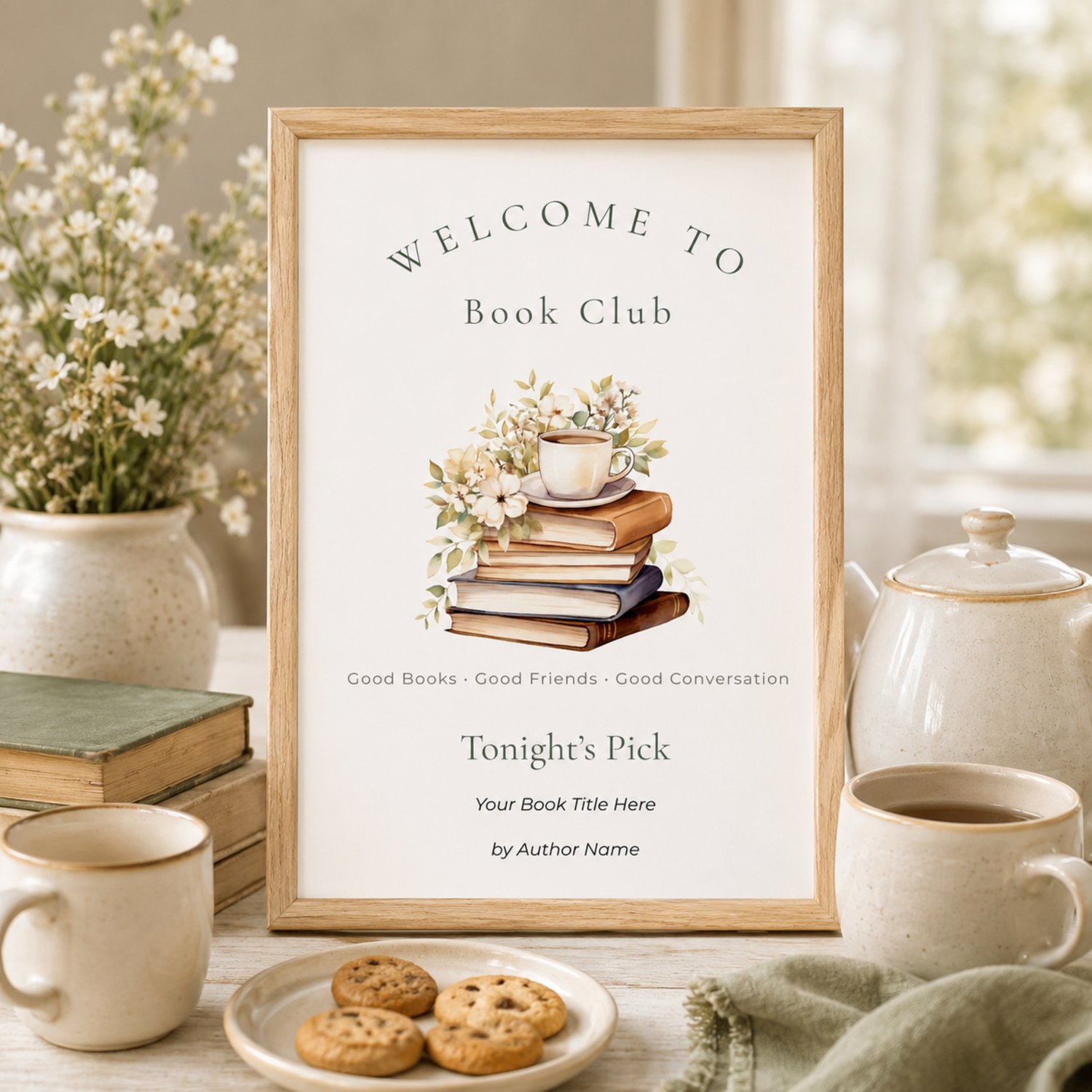 Editable 8 x 10-inch Book Club Welcome Sign featuring watercolor books, cream flowers, green leaves and a tea cup, with customizable spaces for the featured book title and author.