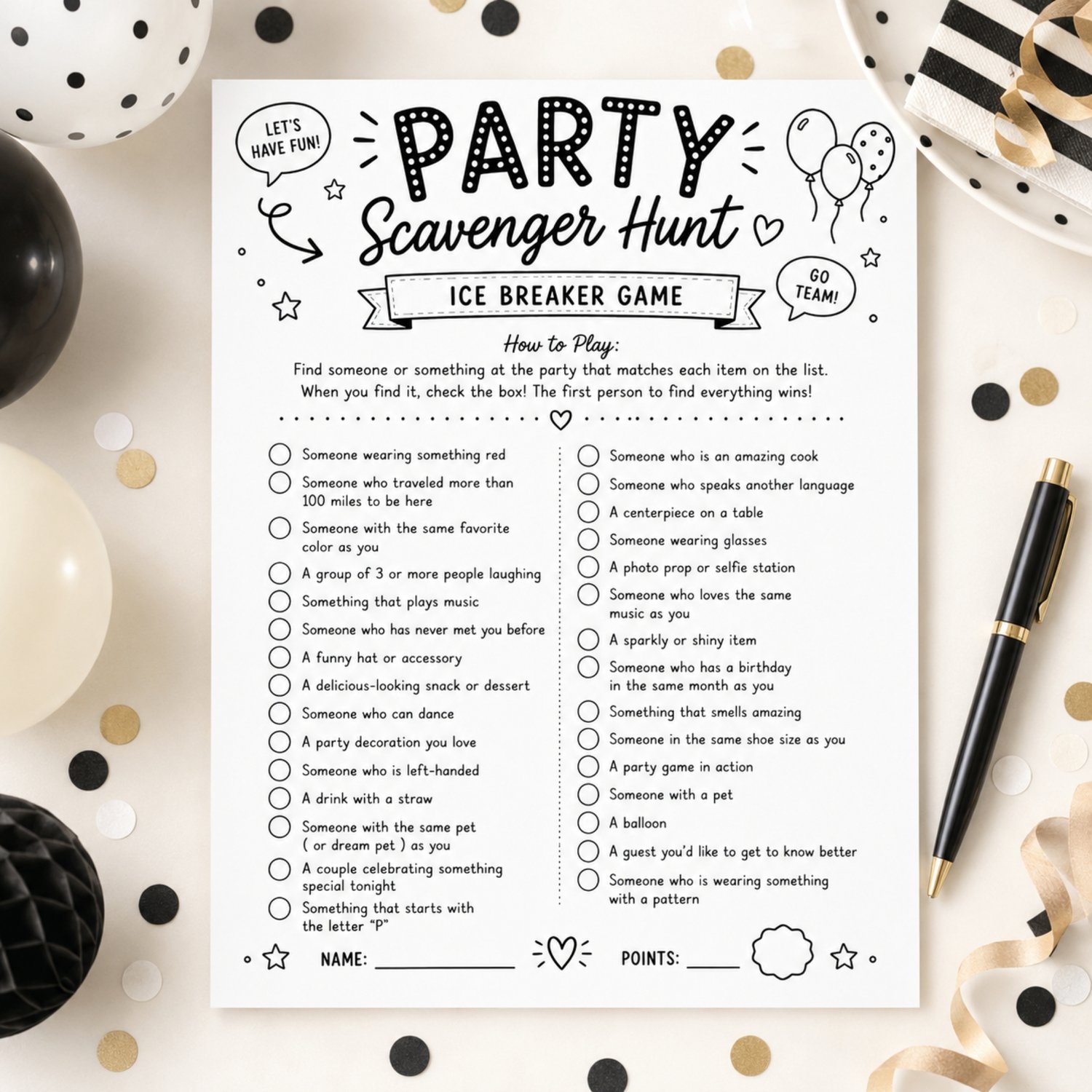 Black-and-white printable Party Scavenger Hunt icebreaker game with 30 find-someone-or-something prompts, instructions, check circles, and spaces for the player’s name and points.