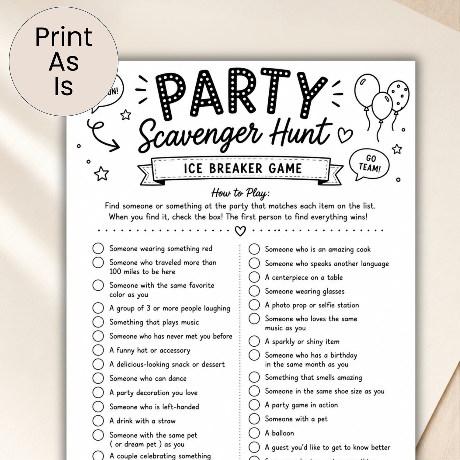 Black-and-white printable Party Scavenger Hunt icebreaker game with 30 find-someone-or-something prompts, instructions, check circles, and spaces for the player’s name and points.