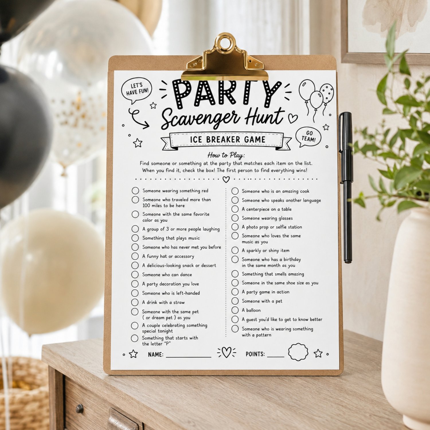 Black-and-white printable Party Scavenger Hunt icebreaker game with 30 find-someone-or-something prompts, instructions, check circles, and spaces for the player’s name and points.