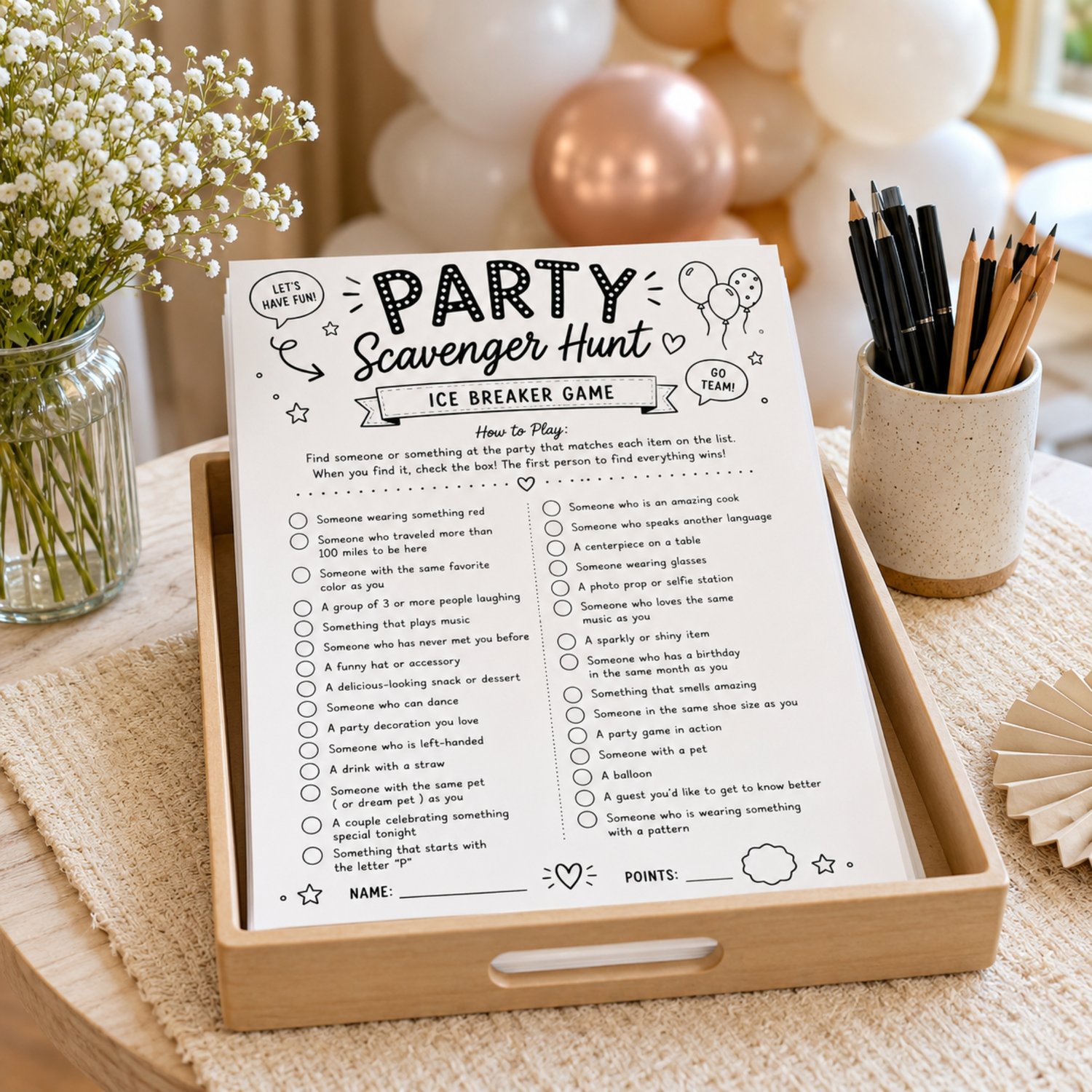 Black-and-white printable Party Scavenger Hunt icebreaker game with 30 find-someone-or-something prompts, instructions, check circles, and spaces for the player’s name and points.