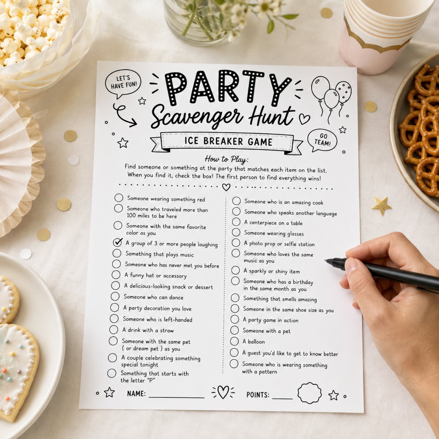 Black-and-white printable Party Scavenger Hunt icebreaker game with 30 find-someone-or-something prompts, instructions, check circles, and spaces for the player’s name and points.