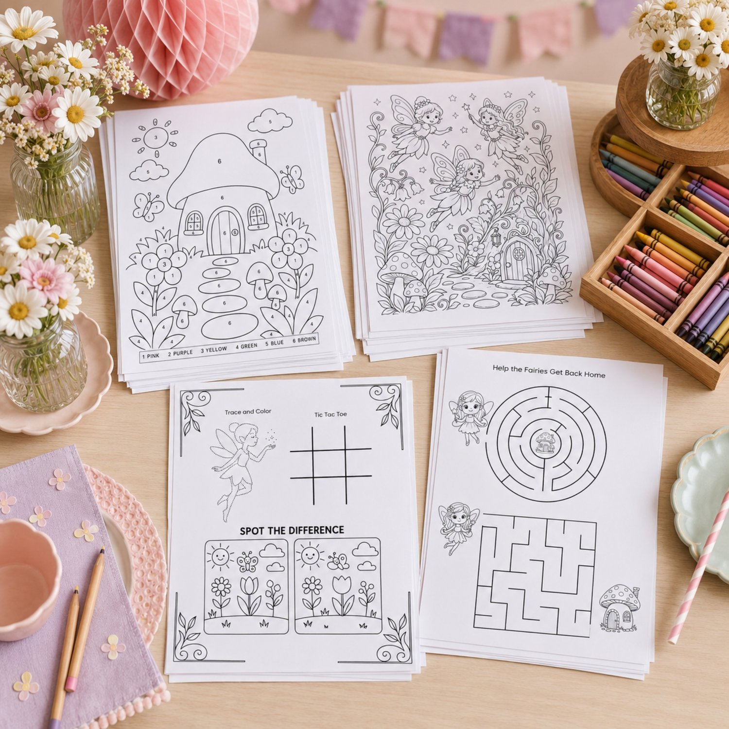 Printable Fairy Garden Birthday Activity Bundle with fairy coloring pages, a color-by-number activity, word search, mazes, party games, paper fairy crown for children.