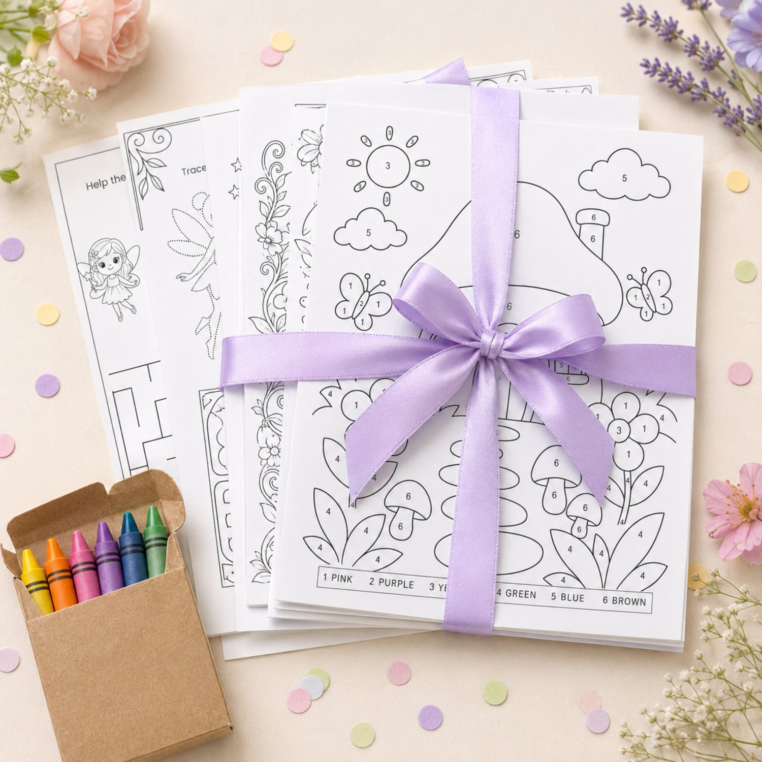 Printable Fairy Garden Birthday Activity Bundle with fairy coloring pages, a color-by-number activity, word search, mazes, party games, paper fairy crown for children.