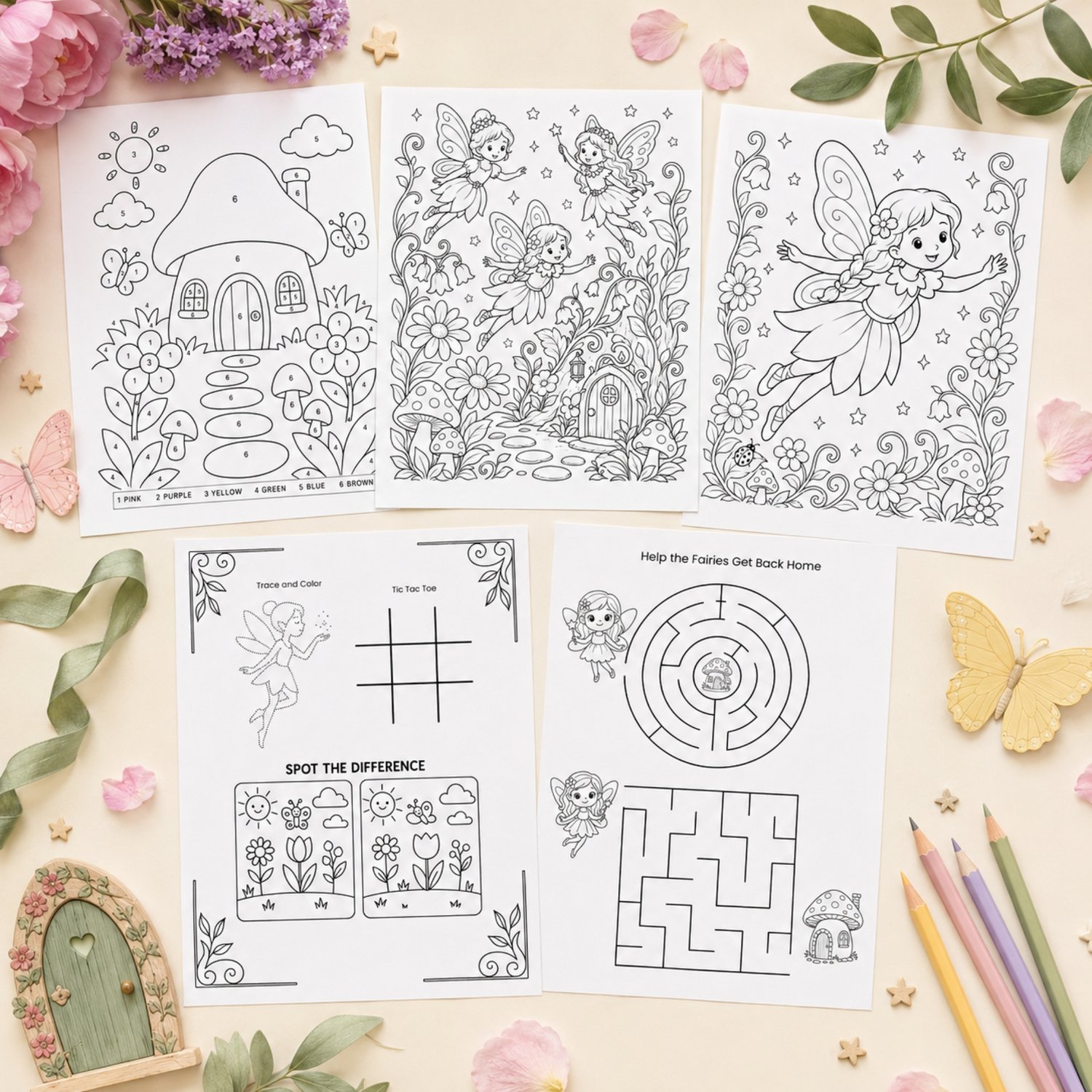 Printable Fairy Garden Birthday Activity Bundle with fairy coloring pages, a color-by-number activity, word search, mazes, party games, paper fairy crown for children.