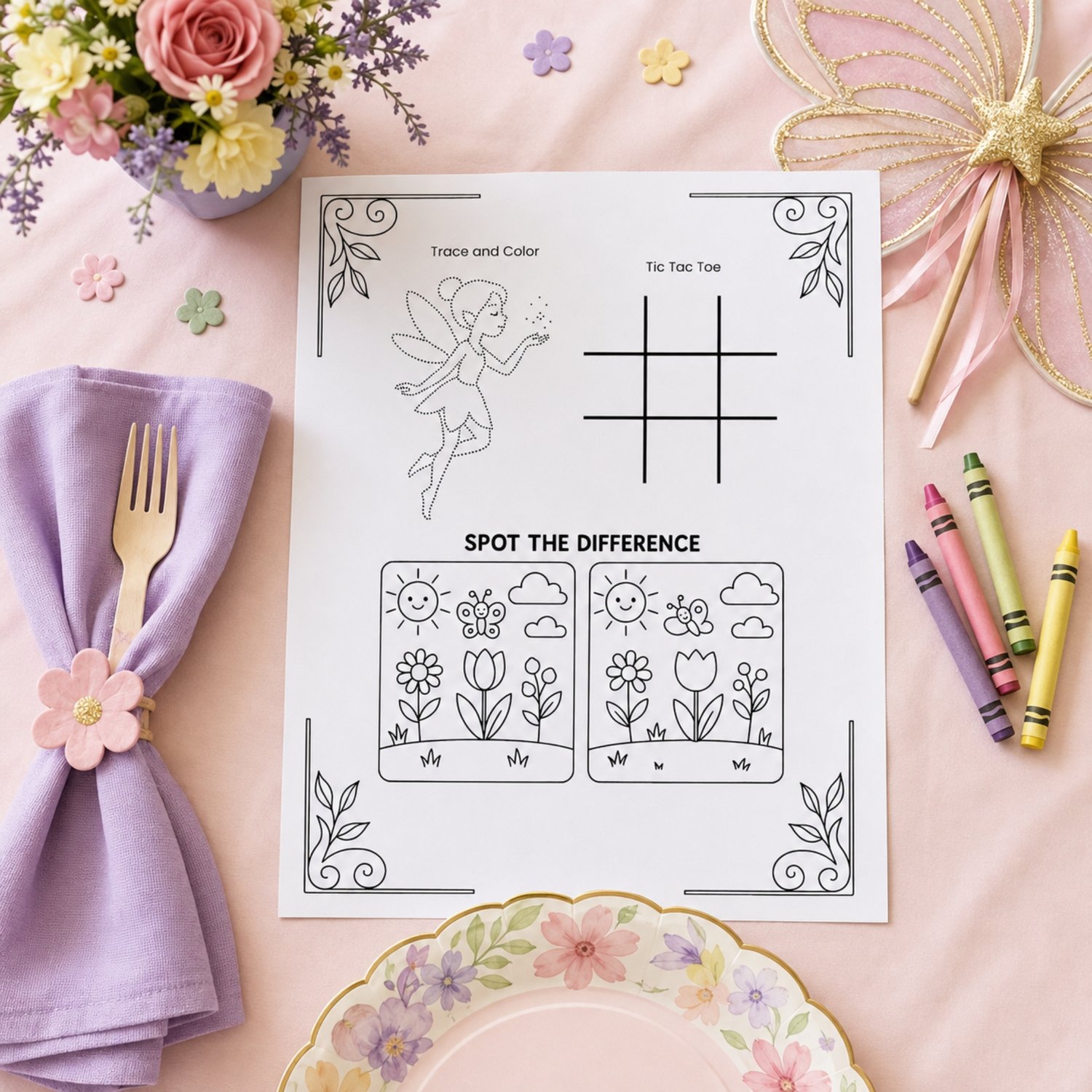 Printable Fairy Garden Birthday Activity Bundle with fairy coloring pages, a color-by-number activity, word search, mazes, party games, paper fairy crown for children.