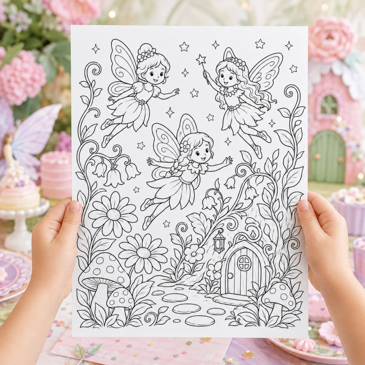Printable Fairy Garden Birthday Activity Bundle with fairy coloring pages, a color-by-number activity, word search, mazes, party games, paper fairy crown for children.