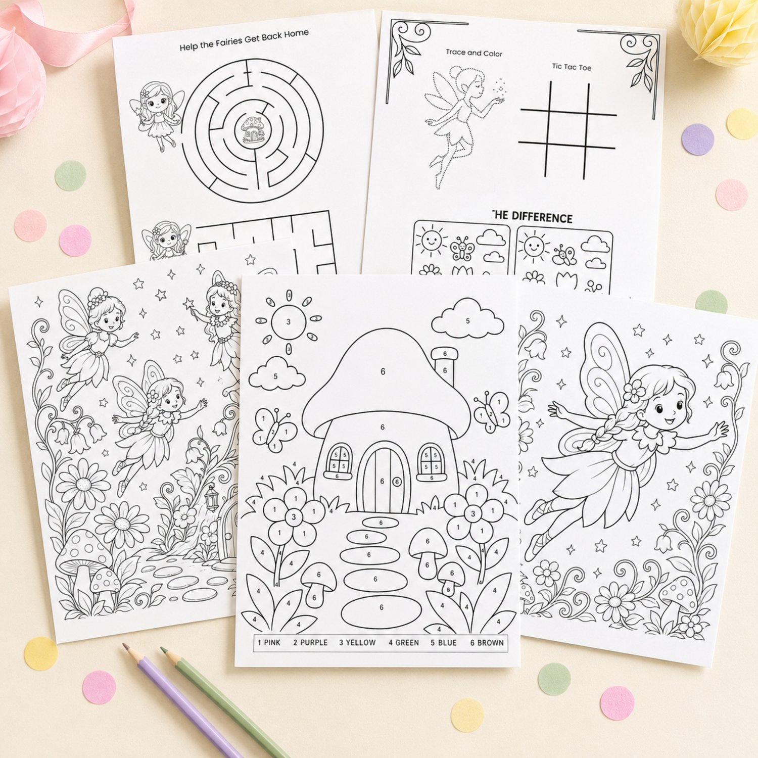 Printable Fairy Garden Birthday Activity Bundle with fairy coloring pages, a color-by-number activity, word search, mazes, party games, paper fairy crown for children.