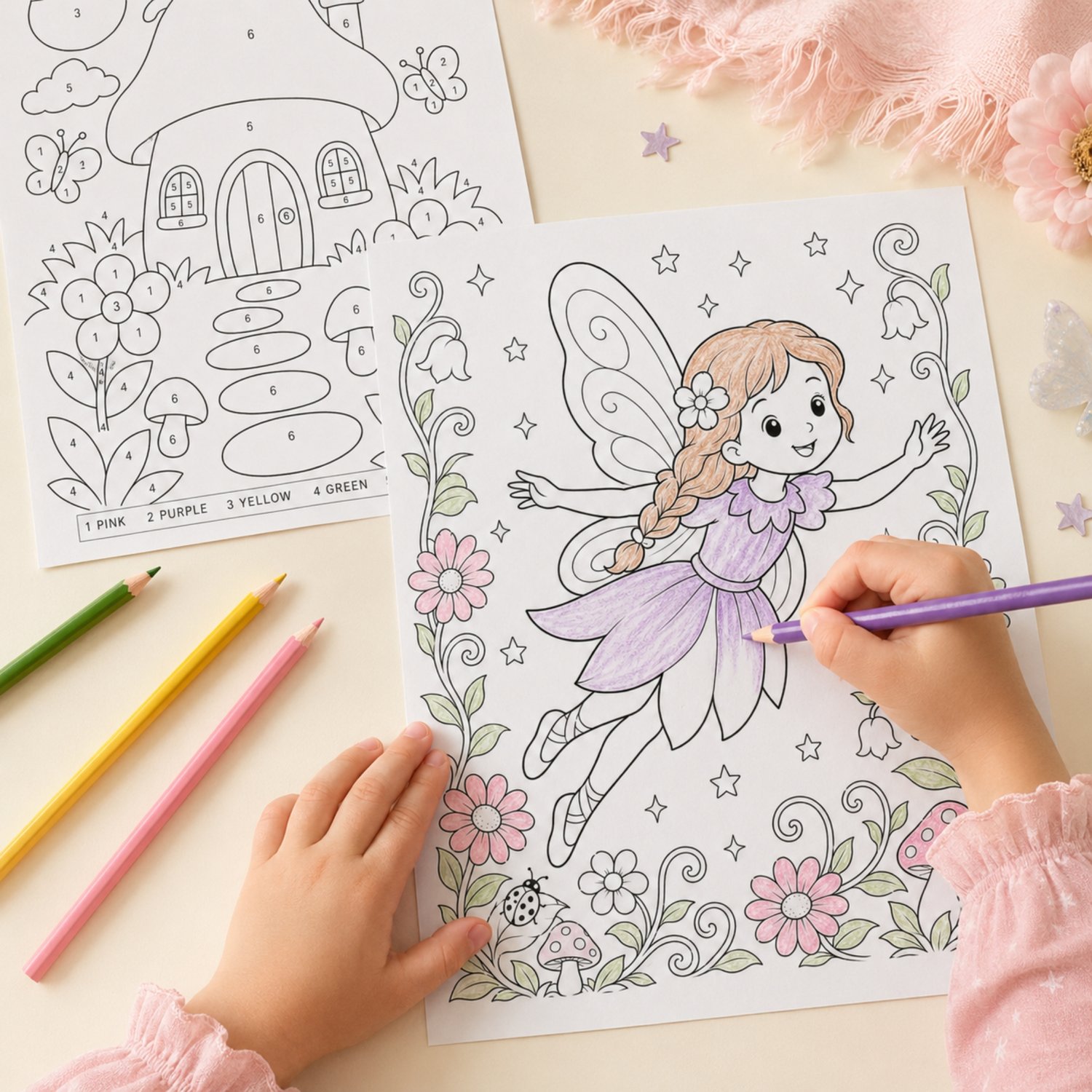 Printable Fairy Garden Birthday Activity Bundle with fairy coloring pages, a color-by-number activity, word search, mazes, party games, paper fairy crown for children.