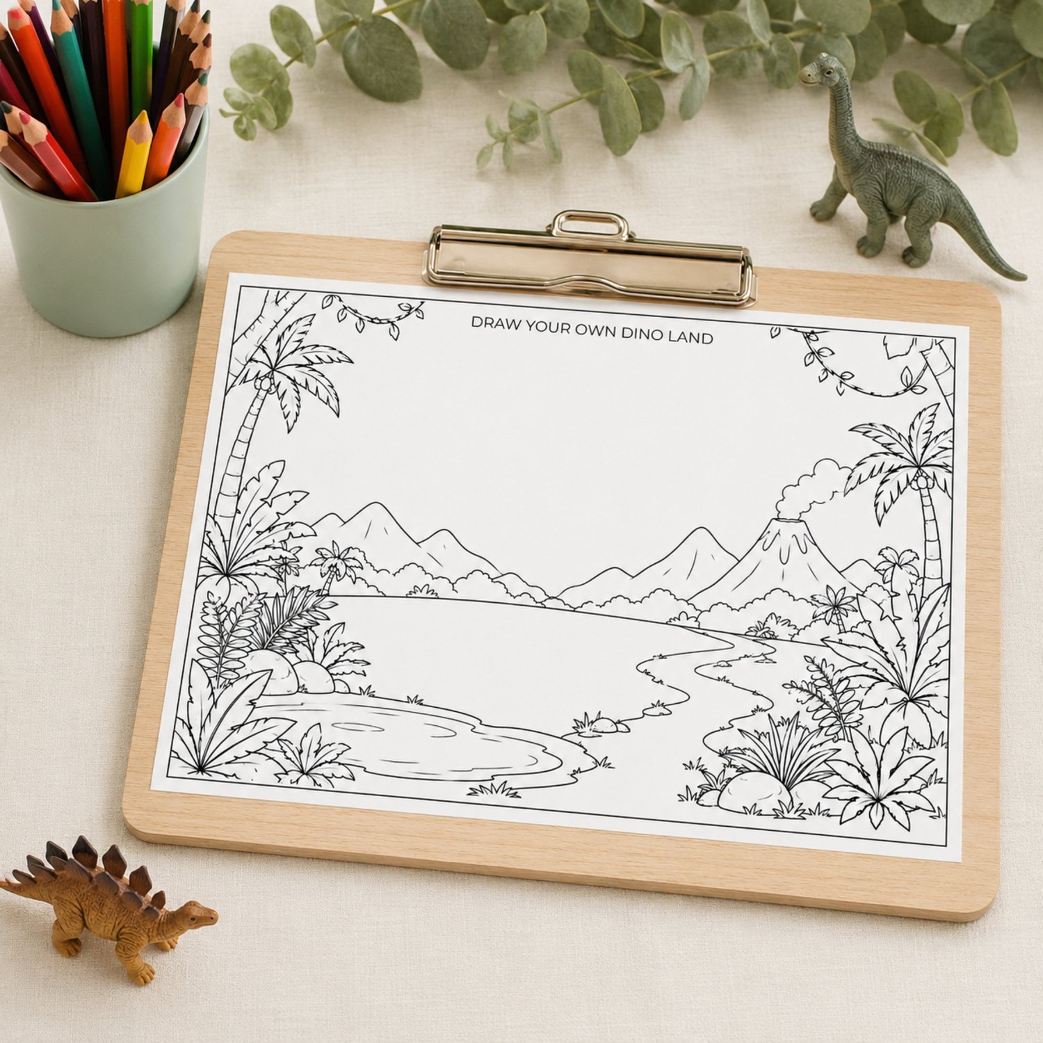 Five printable dinosaur birthday activity placemats featuring friendly dinosaurs, birthday colouring scenes, mazes, a word search, word scramble, drawing prompts, counting games, tic-tac-toe and Connect Four.