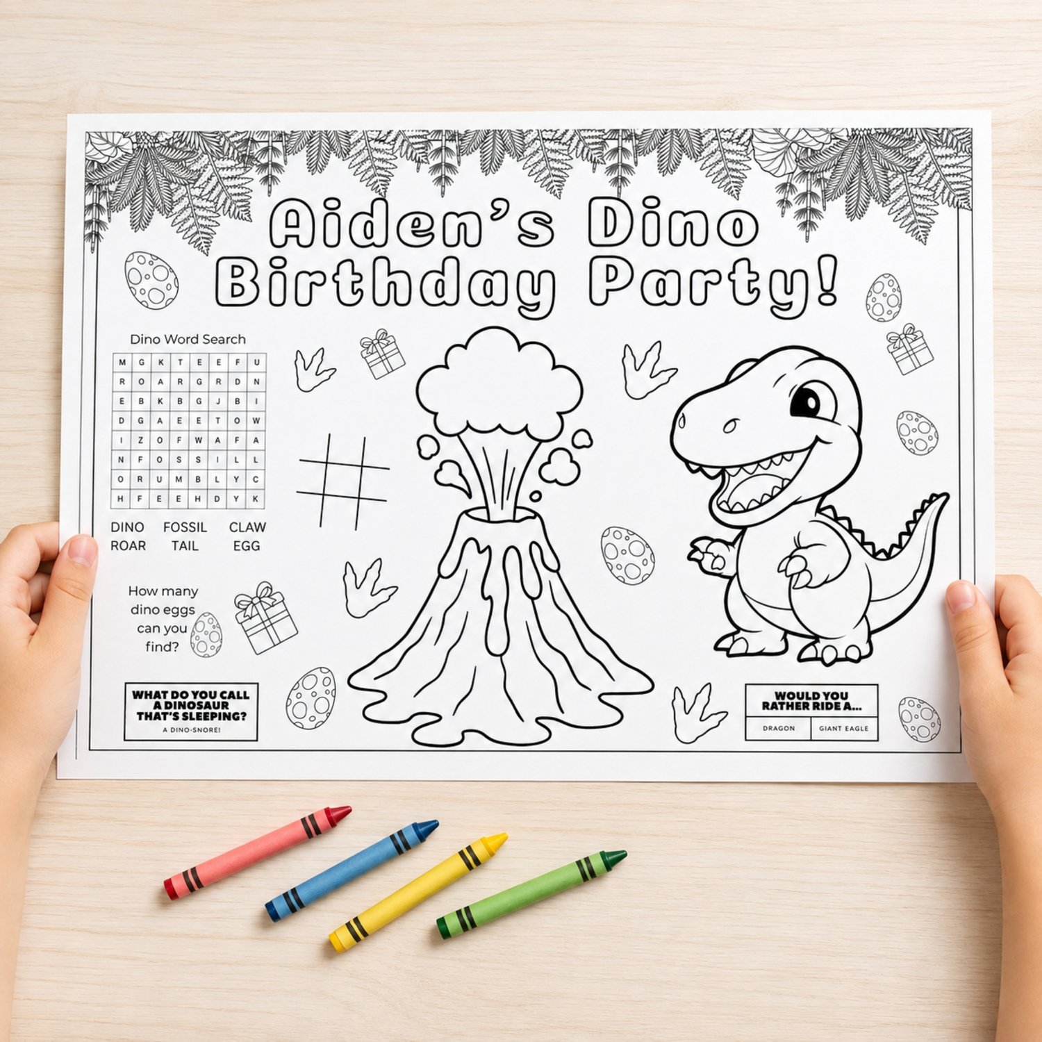 Five printable dinosaur birthday activity placemats featuring friendly dinosaurs, birthday colouring scenes, mazes, a word search, word scramble, drawing prompts, counting games, tic-tac-toe and Connect Four.