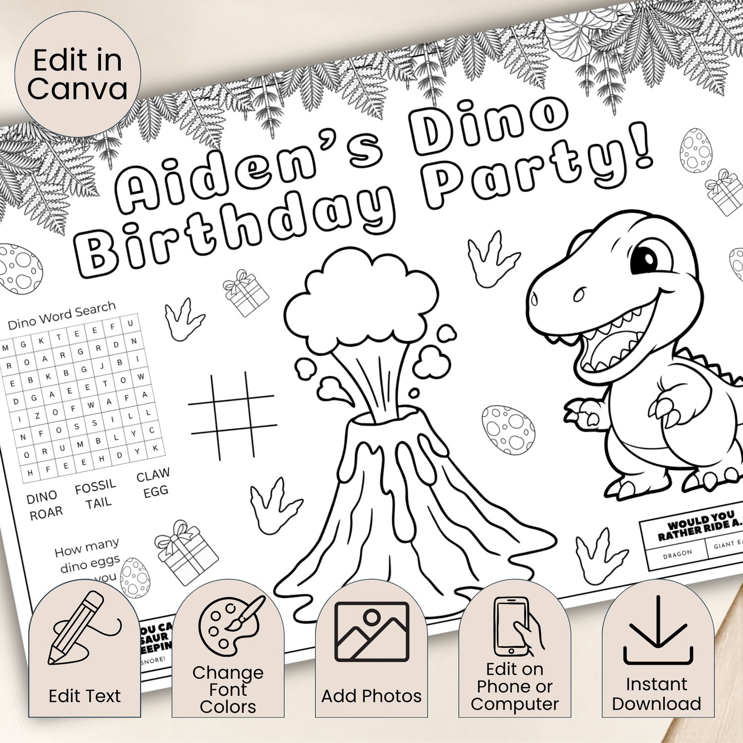 Five printable dinosaur birthday activity placemats featuring friendly dinosaurs, birthday colouring scenes, mazes, a word search, word scramble, drawing prompts, counting games, tic-tac-toe and Connect Four.
