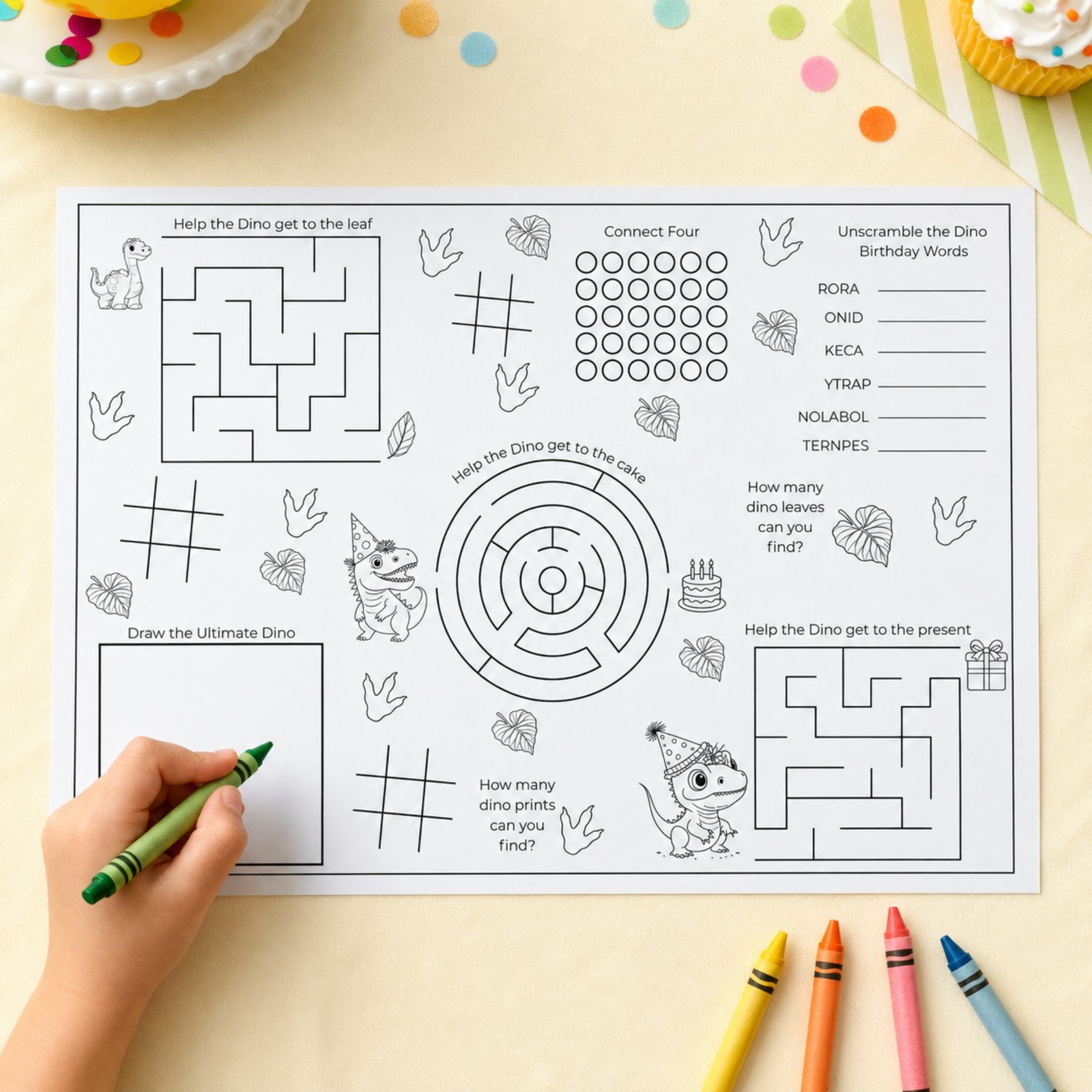 Five printable dinosaur birthday activity placemats featuring friendly dinosaurs, birthday colouring scenes, mazes, a word search, word scramble, drawing prompts, counting games, tic-tac-toe and Connect Four.