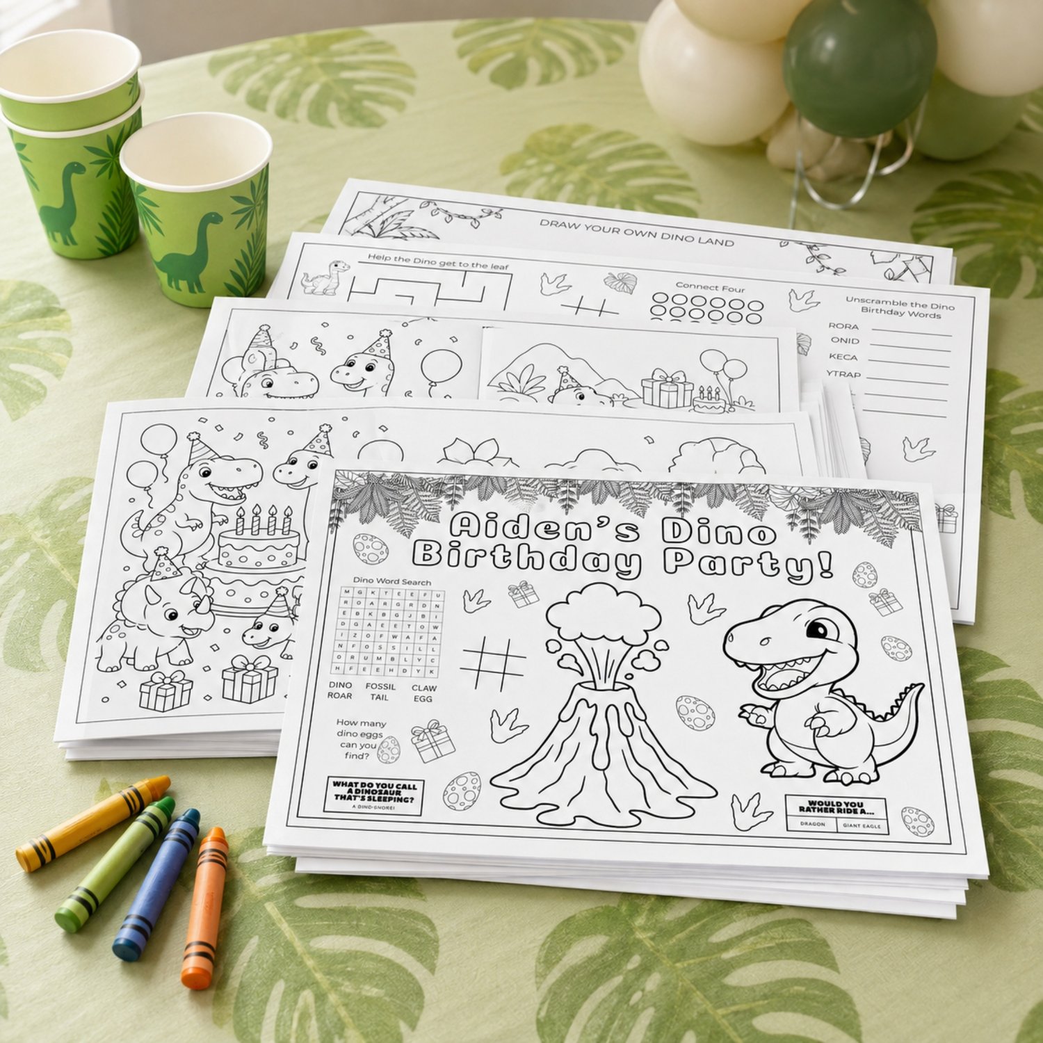 Five printable dinosaur birthday activity placemats featuring friendly dinosaurs, birthday colouring scenes, mazes, a word search, word scramble, drawing prompts, counting games, tic-tac-toe and Connect Four.