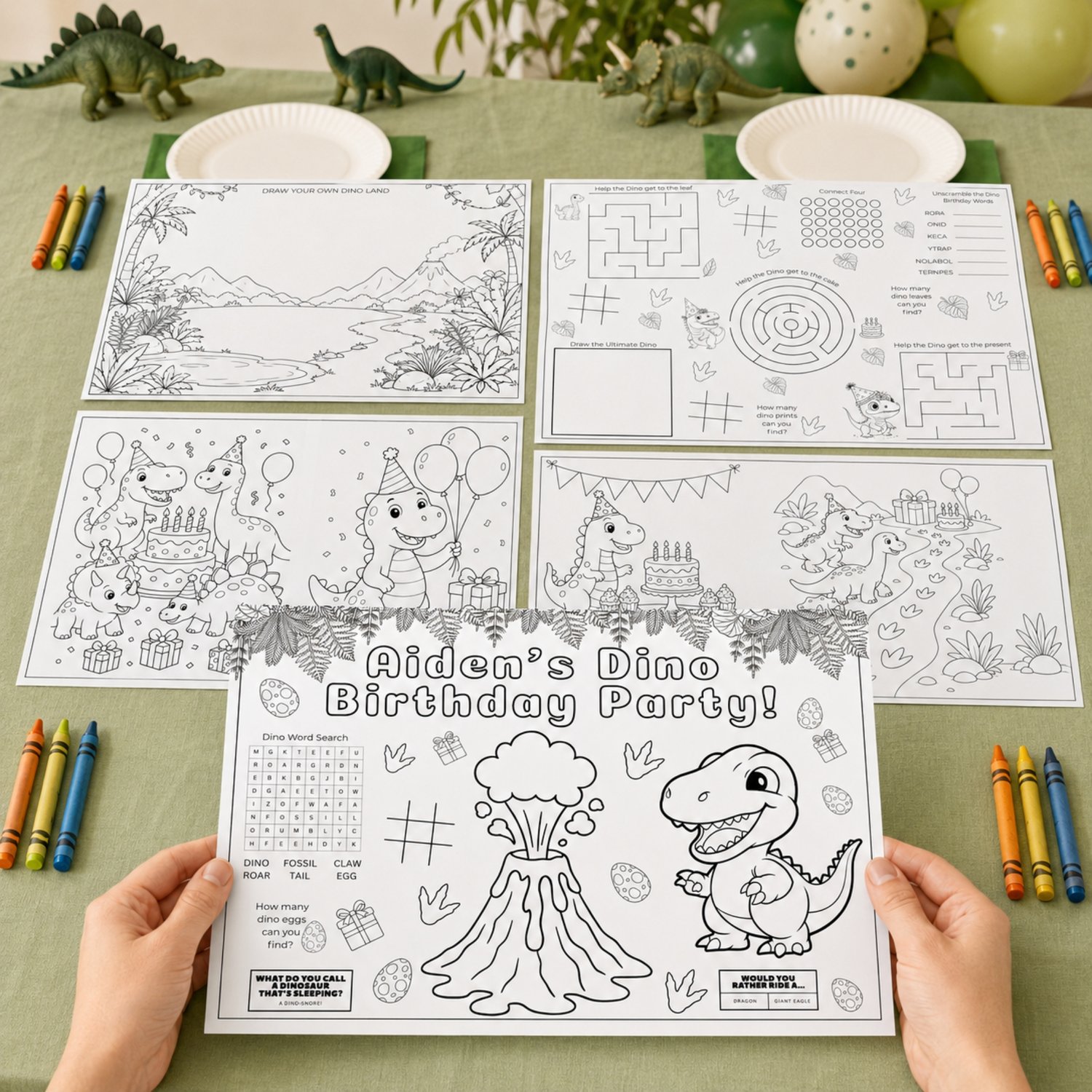 Five printable dinosaur birthday activity placemats featuring friendly dinosaurs, birthday colouring scenes, mazes, a word search, word scramble, drawing prompts, counting games, tic-tac-toe and Connect Four.