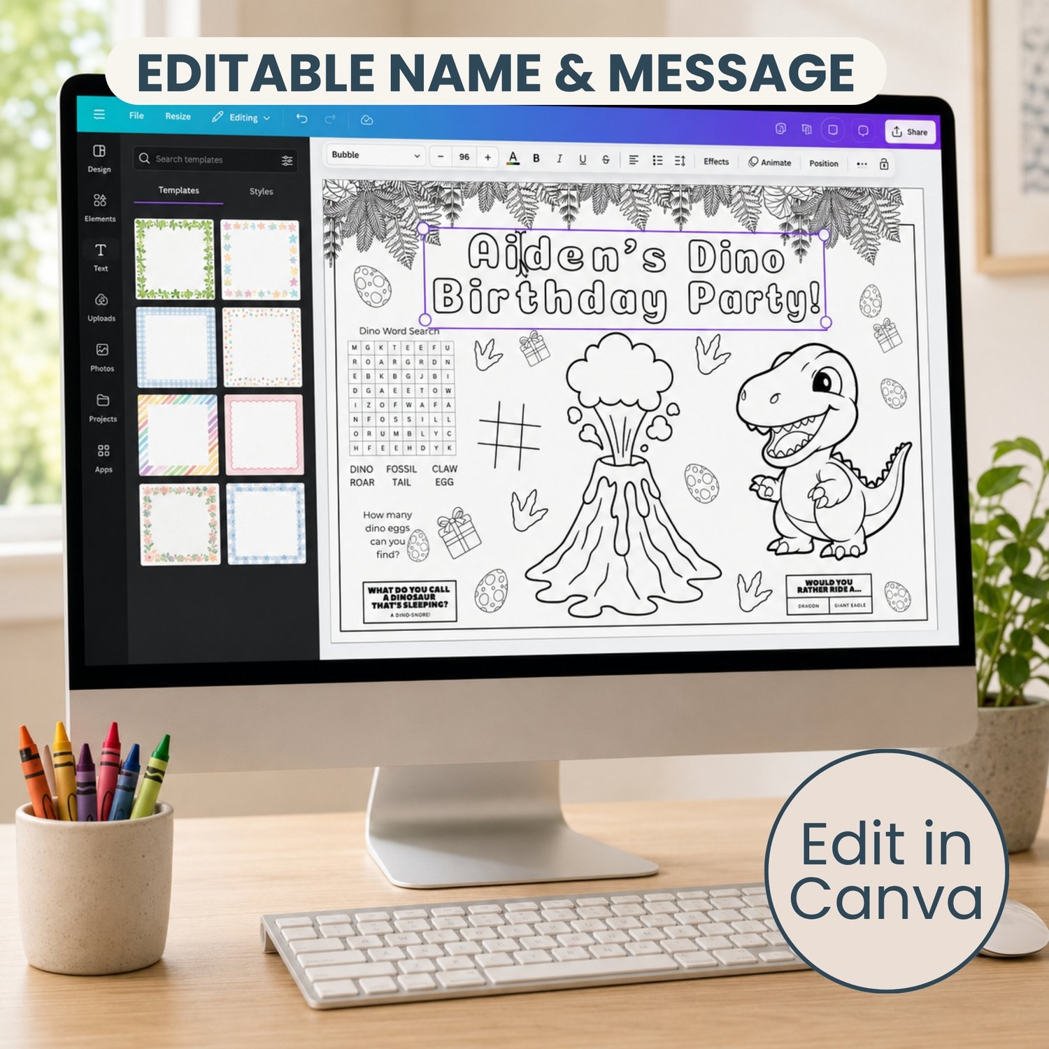 Five printable dinosaur birthday activity placemats featuring friendly dinosaurs, birthday colouring scenes, mazes, a word search, word scramble, drawing prompts, counting games, tic-tac-toe and Connect Four.