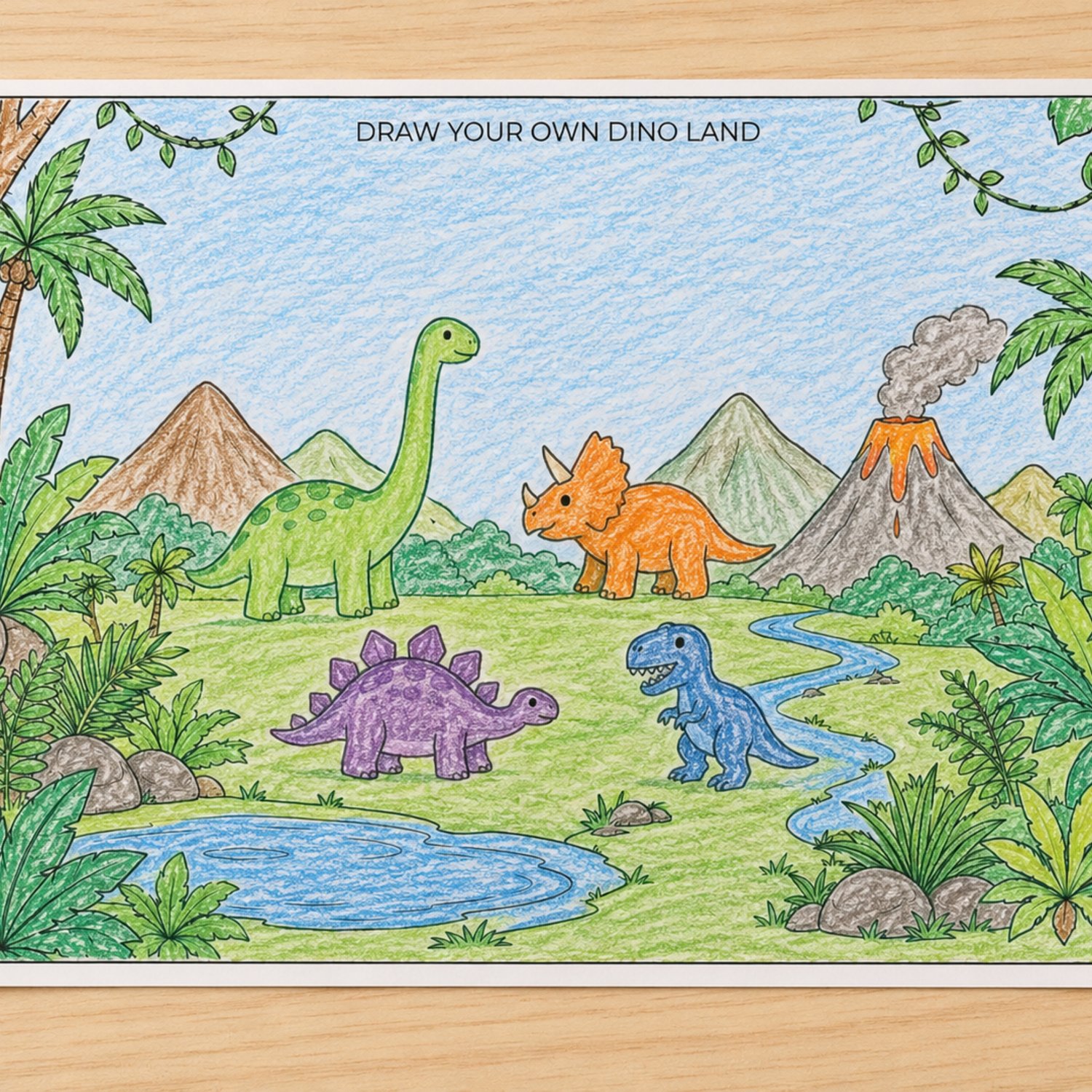 Five printable dinosaur birthday activity placemats featuring friendly dinosaurs, birthday colouring scenes, mazes, a word search, word scramble, drawing prompts, counting games, tic-tac-toe and Connect Four.