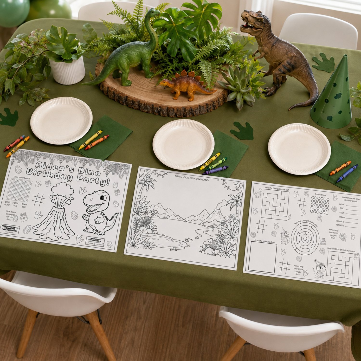 Five printable dinosaur birthday activity placemats featuring friendly dinosaurs, birthday colouring scenes, mazes, a word search, word scramble, drawing prompts, counting games, tic-tac-toe and Connect Four.