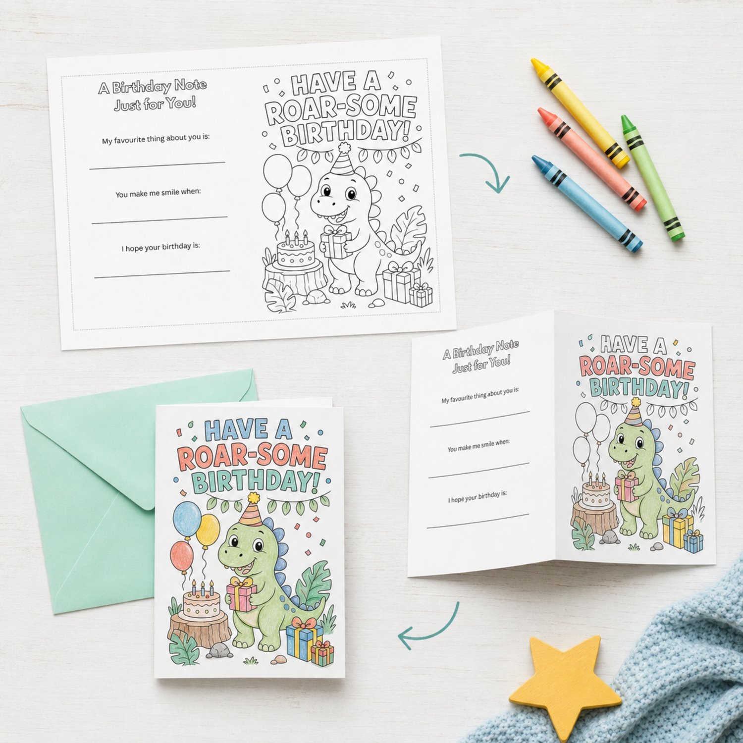 Printable black-and-white dinosaur birthday card featuring a friendly party dinosaur, balloons, birthday cake and presents, with a colour-in cover and keepsake birthday prompts on the back.