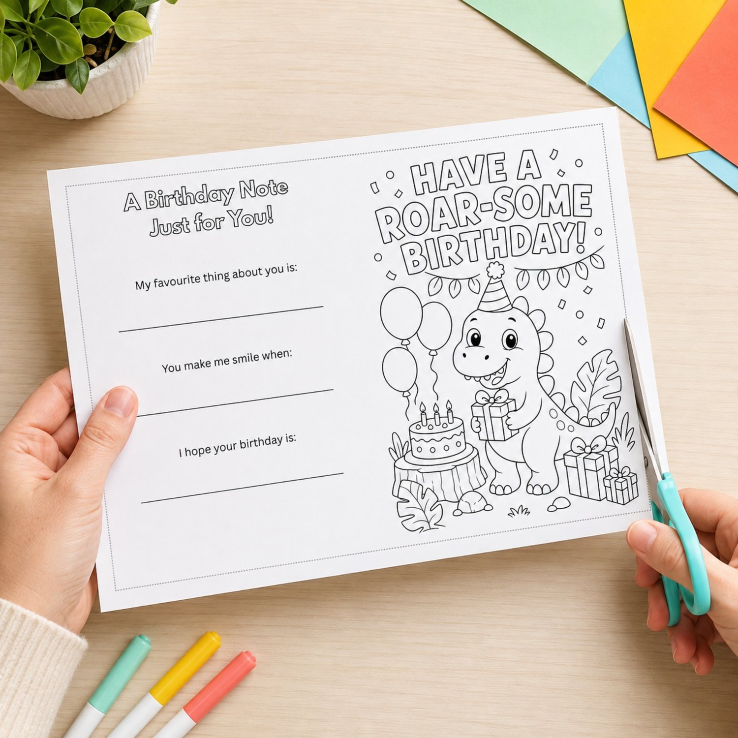 Printable black-and-white dinosaur birthday card featuring a friendly party dinosaur, balloons, birthday cake and presents, with a colour-in cover and keepsake birthday prompts on the back.