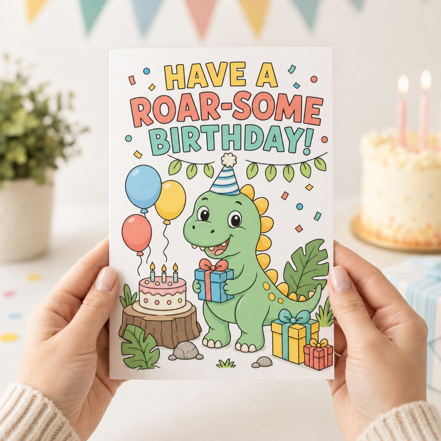 Printable black-and-white dinosaur birthday card featuring a friendly party dinosaur, balloons, birthday cake and presents, with a colour-in cover and keepsake birthday prompts on the back.